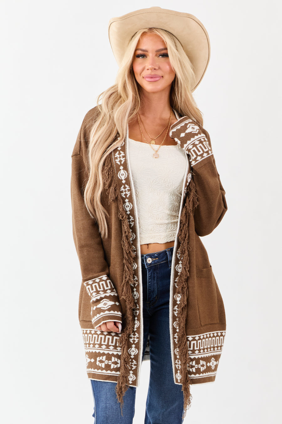 Walnut Aztec Print Fringe Trim Waist Tie Cardigan