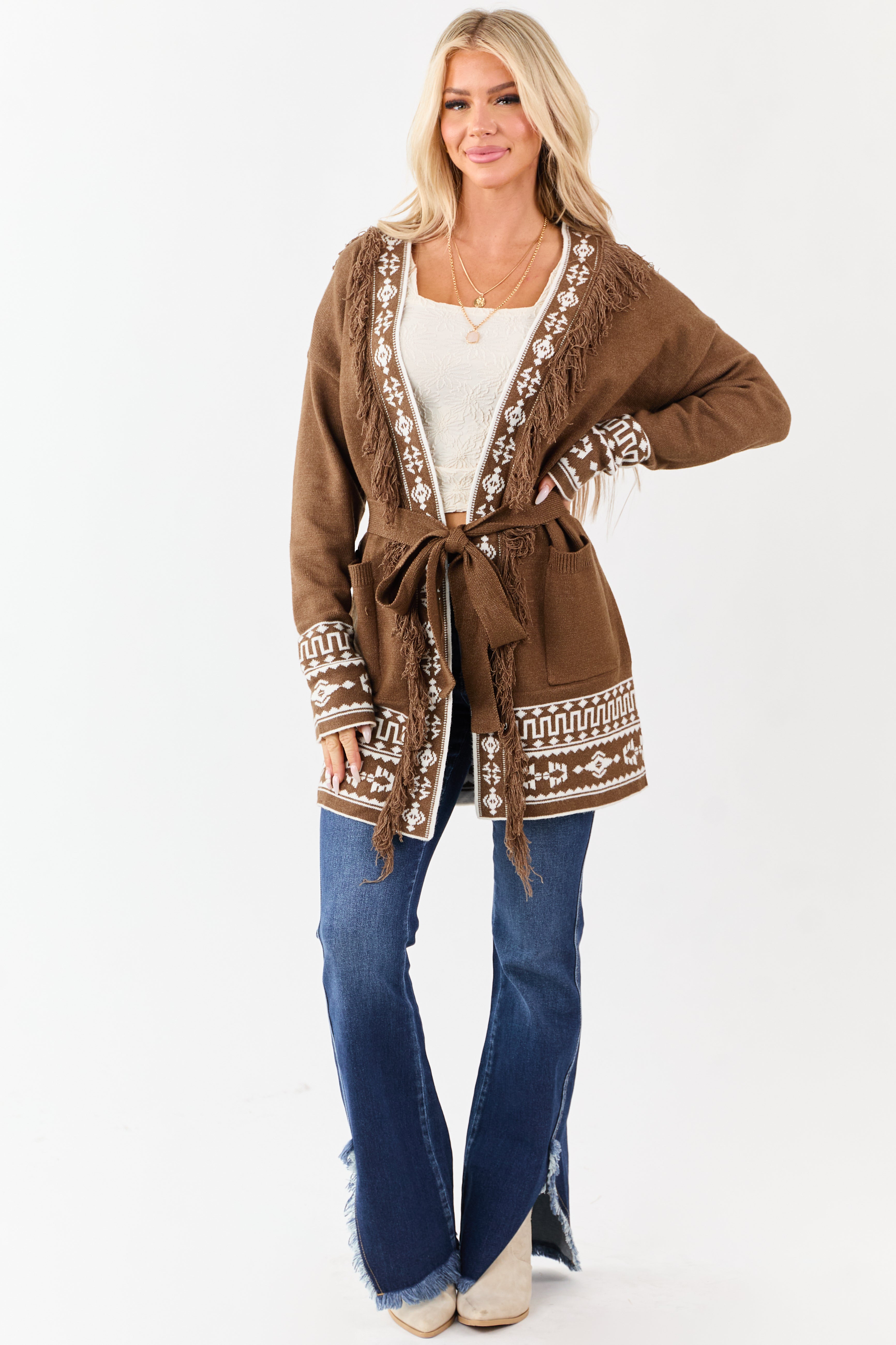 Walnut Aztec Print Fringe Trim Waist Tie Cardigan | Lime Lush Boutique