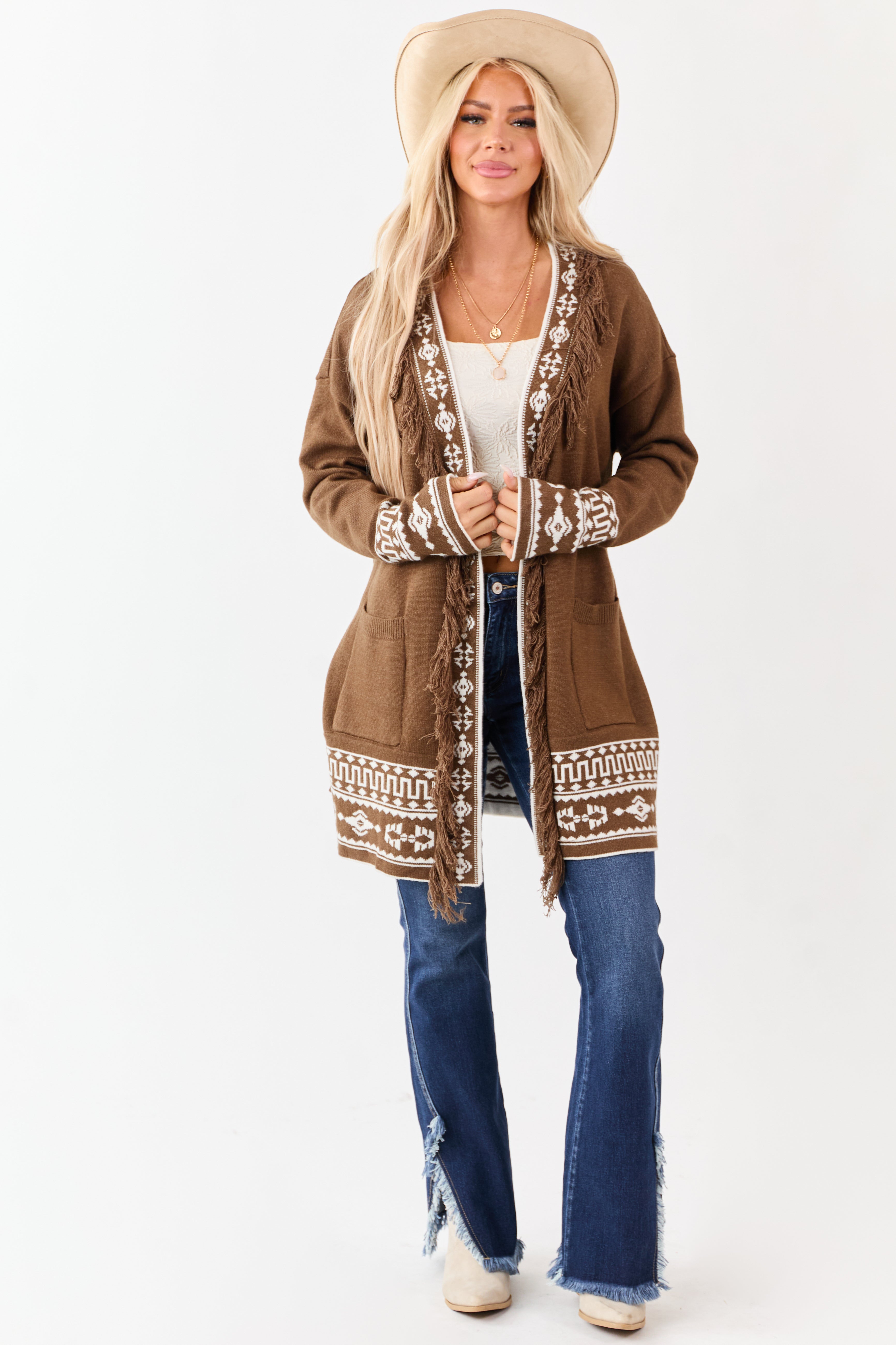 Walnut Aztec Print Fringe Trim Waist Tie Cardigan