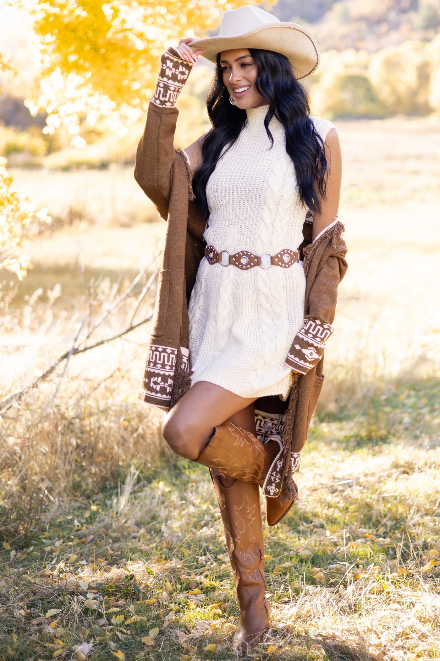 Walnut Aztec Print Fringe Trim Waist Tie Cardigan