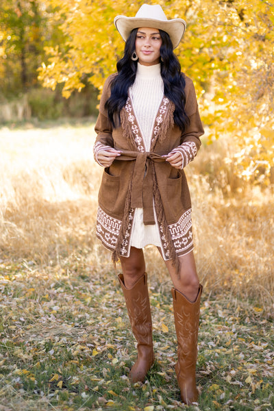 Walnut Aztec Print Fringe Trim Waist Tie Cardigan