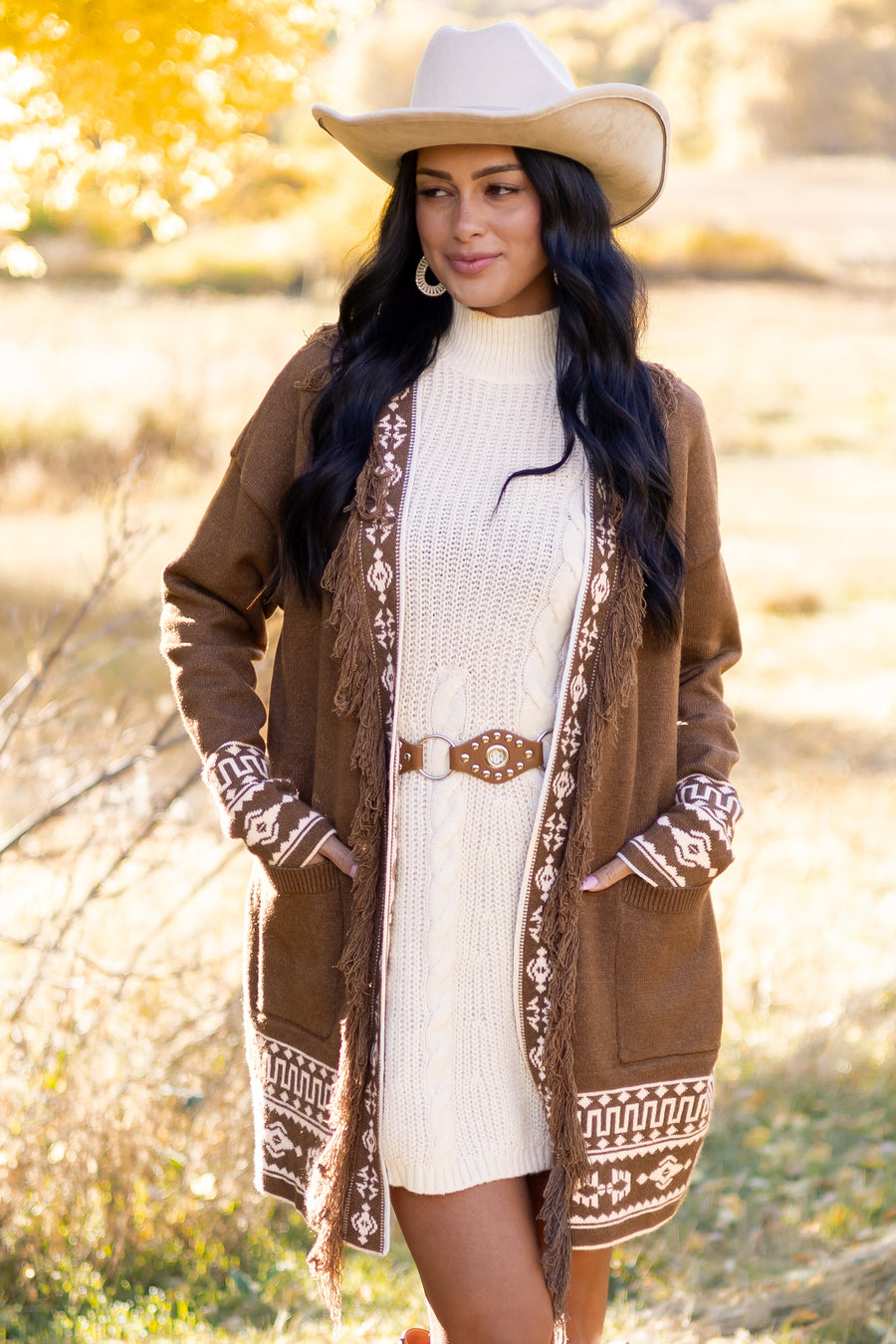 Walnut Aztec Print Fringe Trim Waist Tie Cardigan