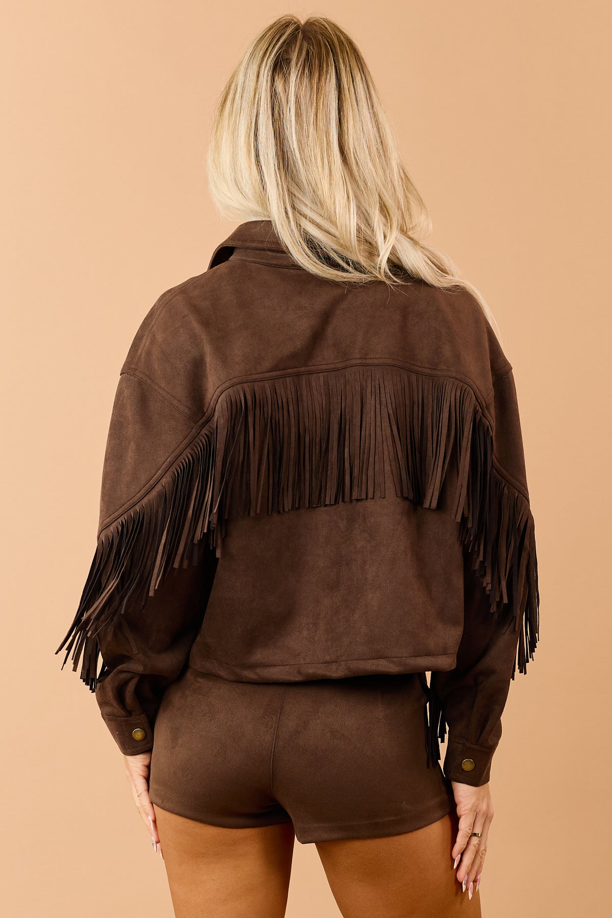 Walnut Brown Stretchy Faux Suede Fringe Detail Jacket