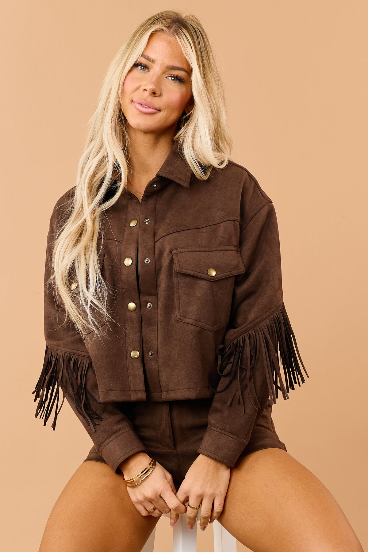 Walnut Brown Stretchy Faux Suede Fringe Detail Jacket