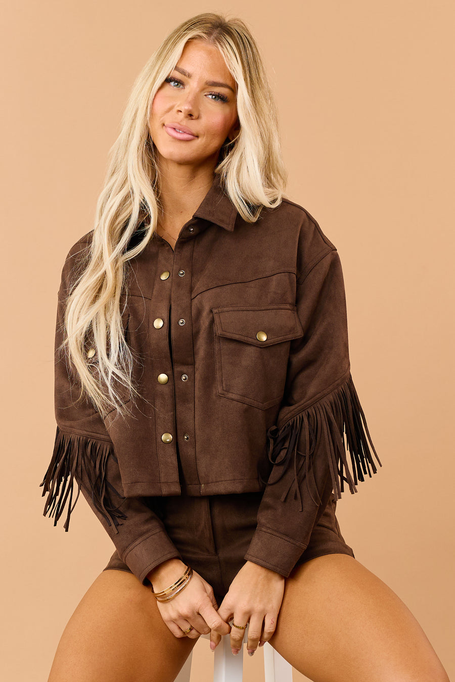 Walnut Brown Stretchy Faux Suede Fringe Detail Jacket