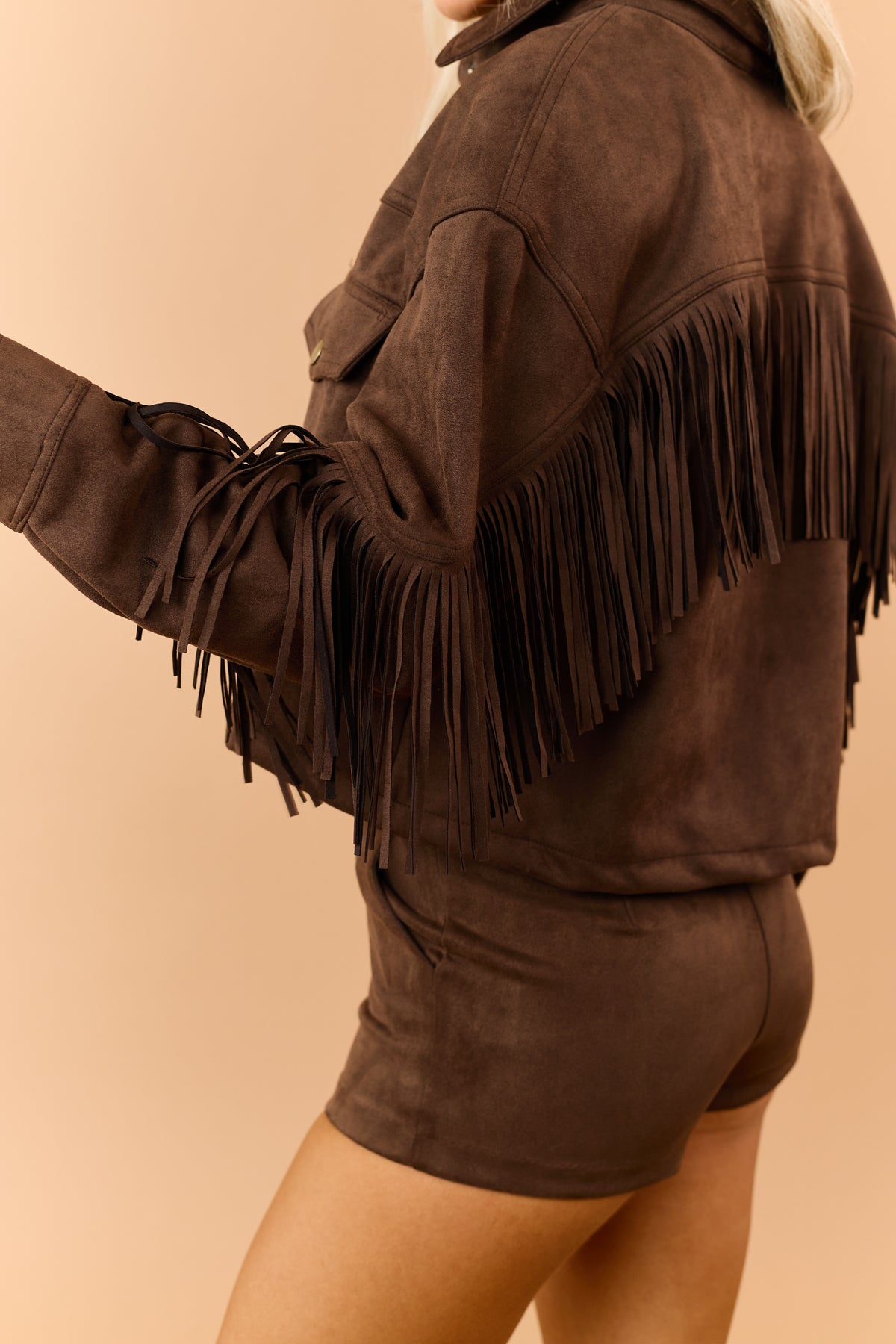 Walnut Brown Stretchy Faux Suede Fringe Detail Jacket