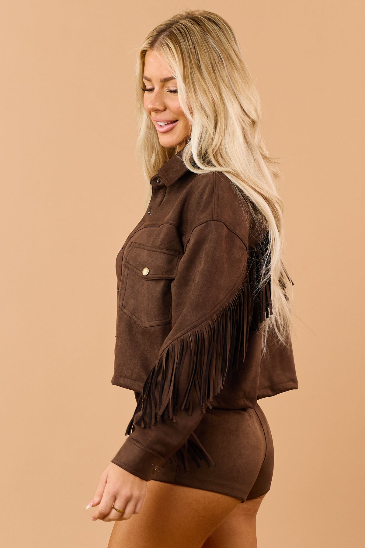 Walnut Brown Stretchy Faux Suede Fringe Detail Jacket