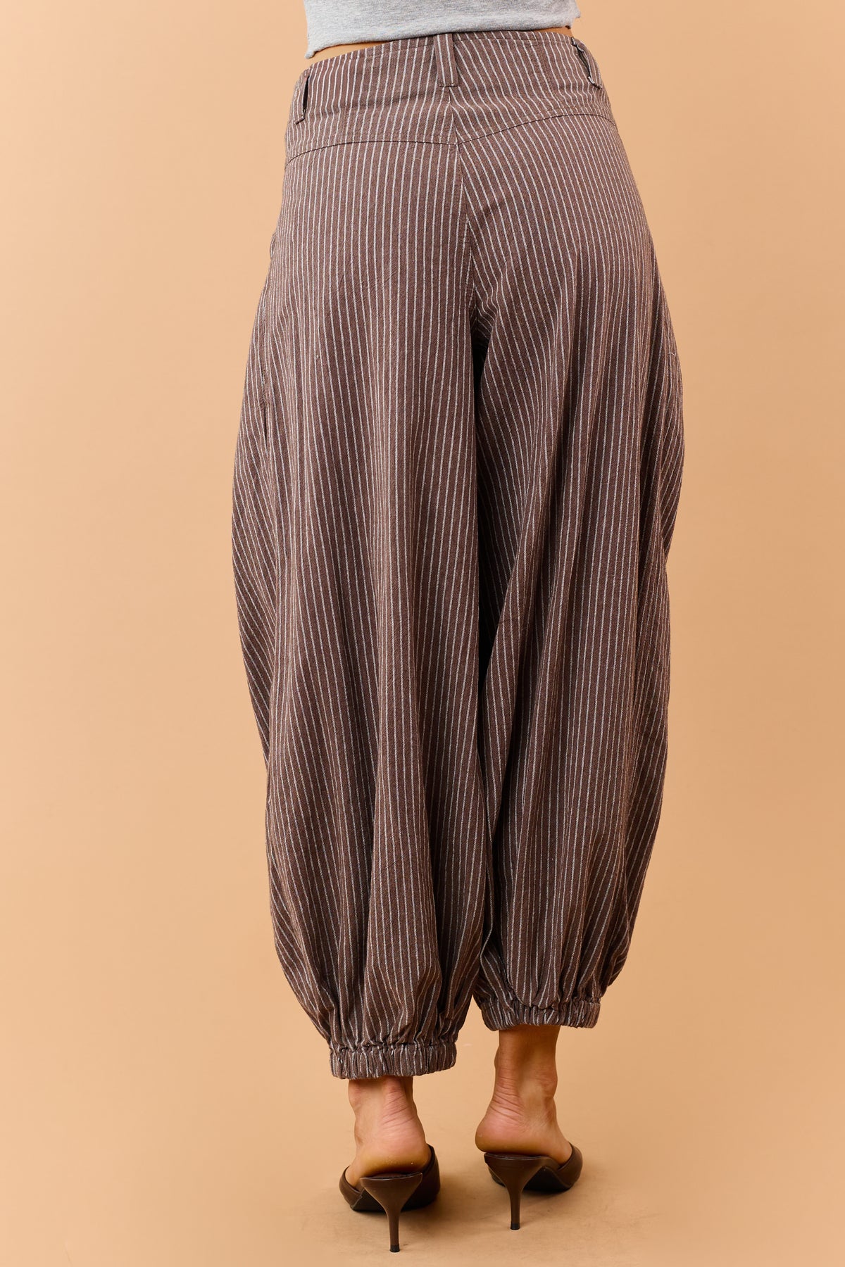 Walnut Brown and White Cotton Striped Wide Leg Pants