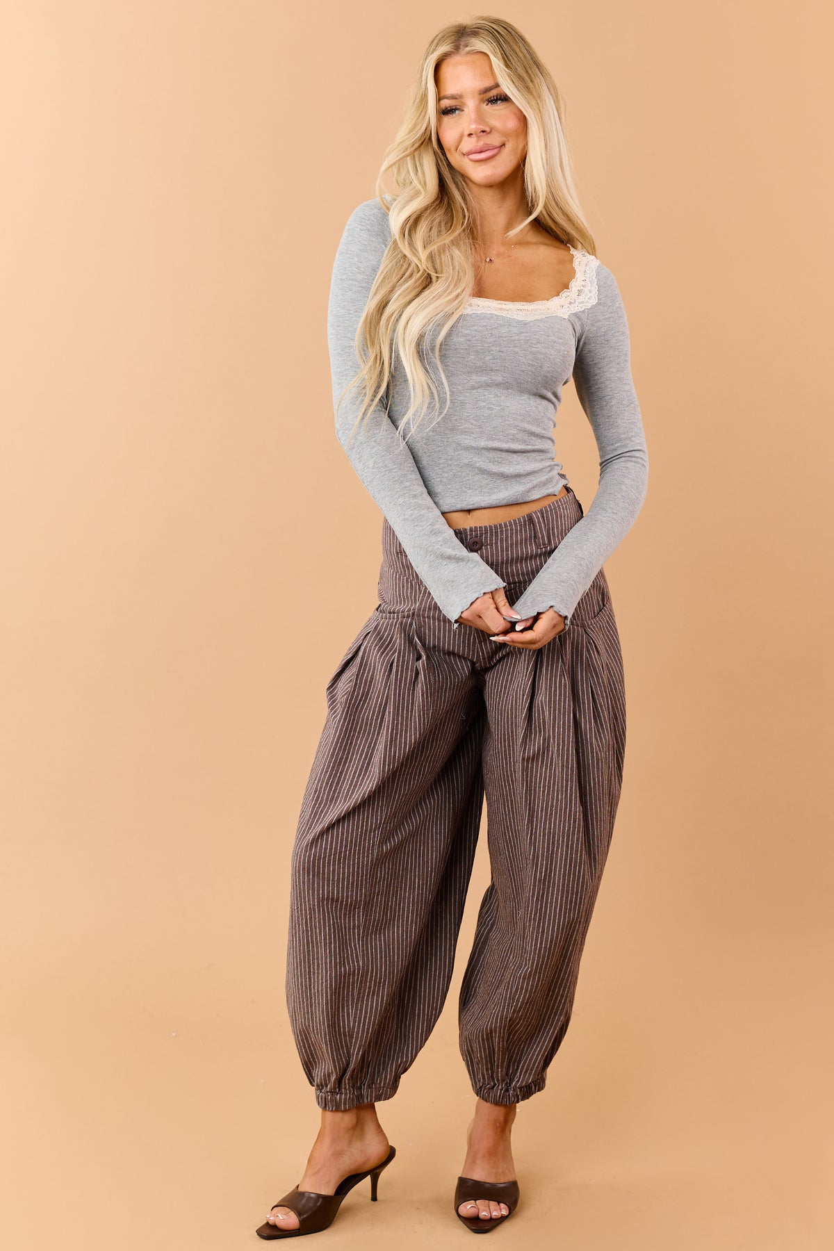 Walnut Brown and White Cotton Striped Wide Leg Pants