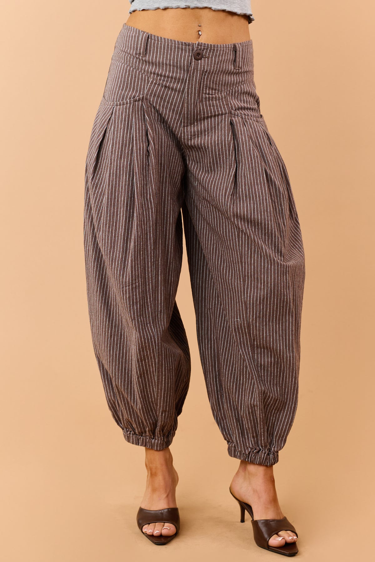 Walnut Brown and White Cotton Striped Wide Leg Pants