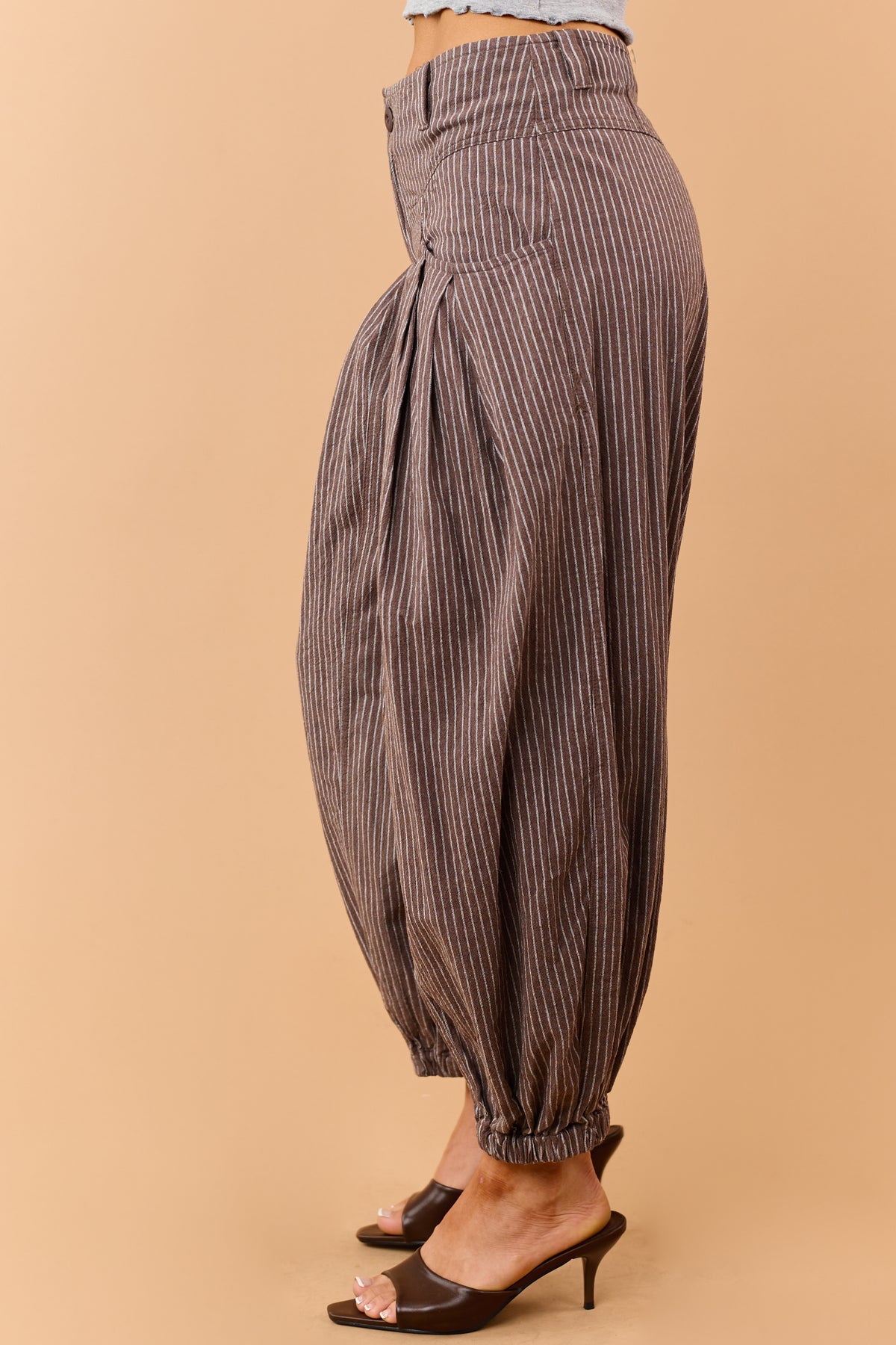 Walnut Brown and White Cotton Striped Wide Leg Pants