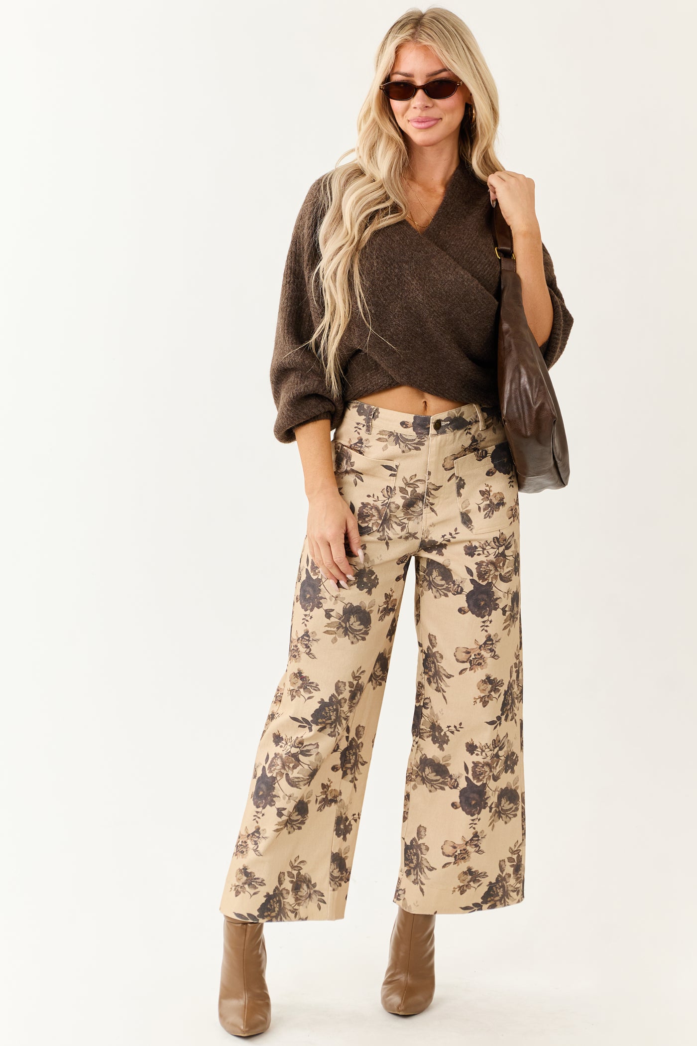 Walnut Crossover V Neck Puff Sleeve Sweater