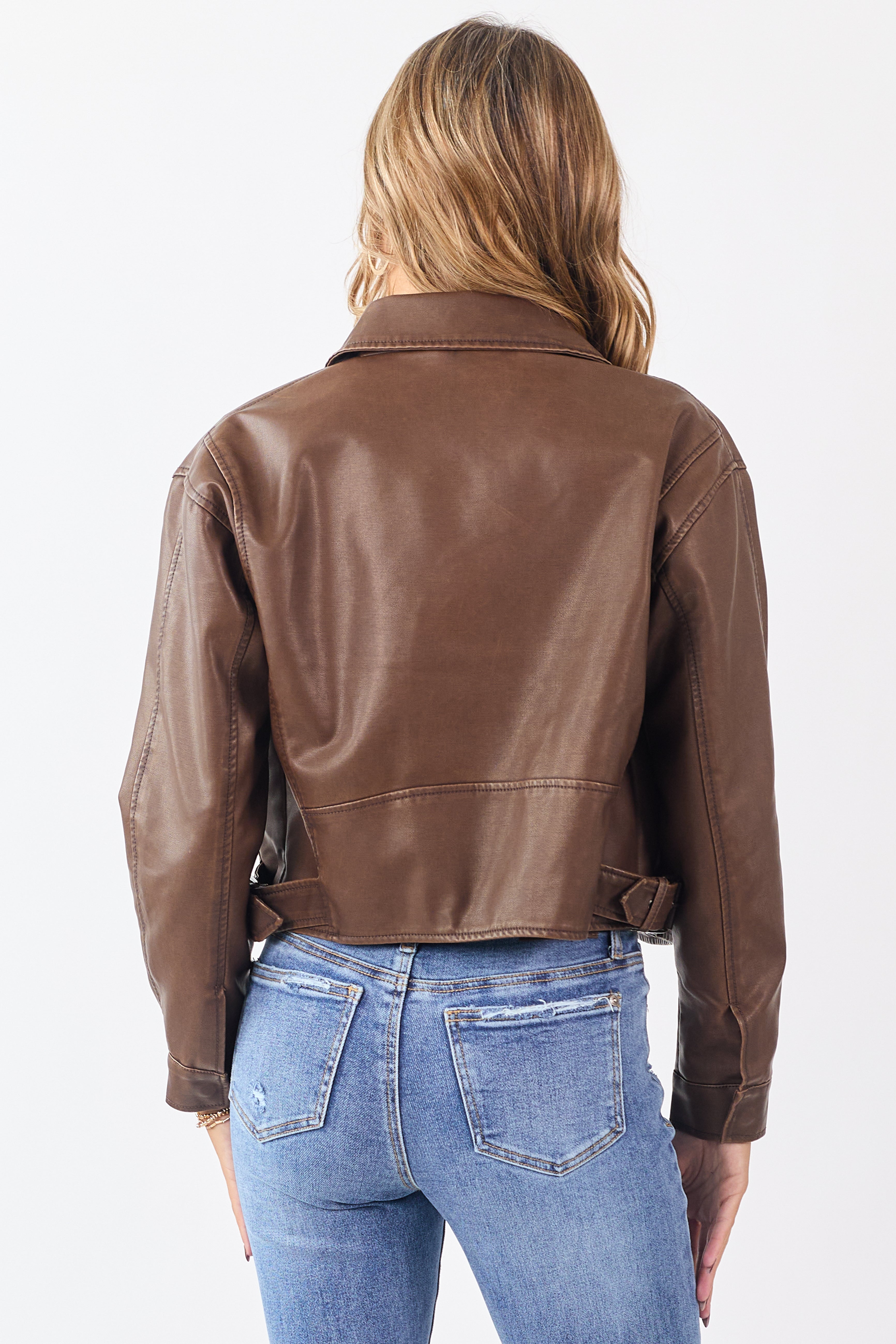 Walnut Faux Leather Collared Zip Up Jacket