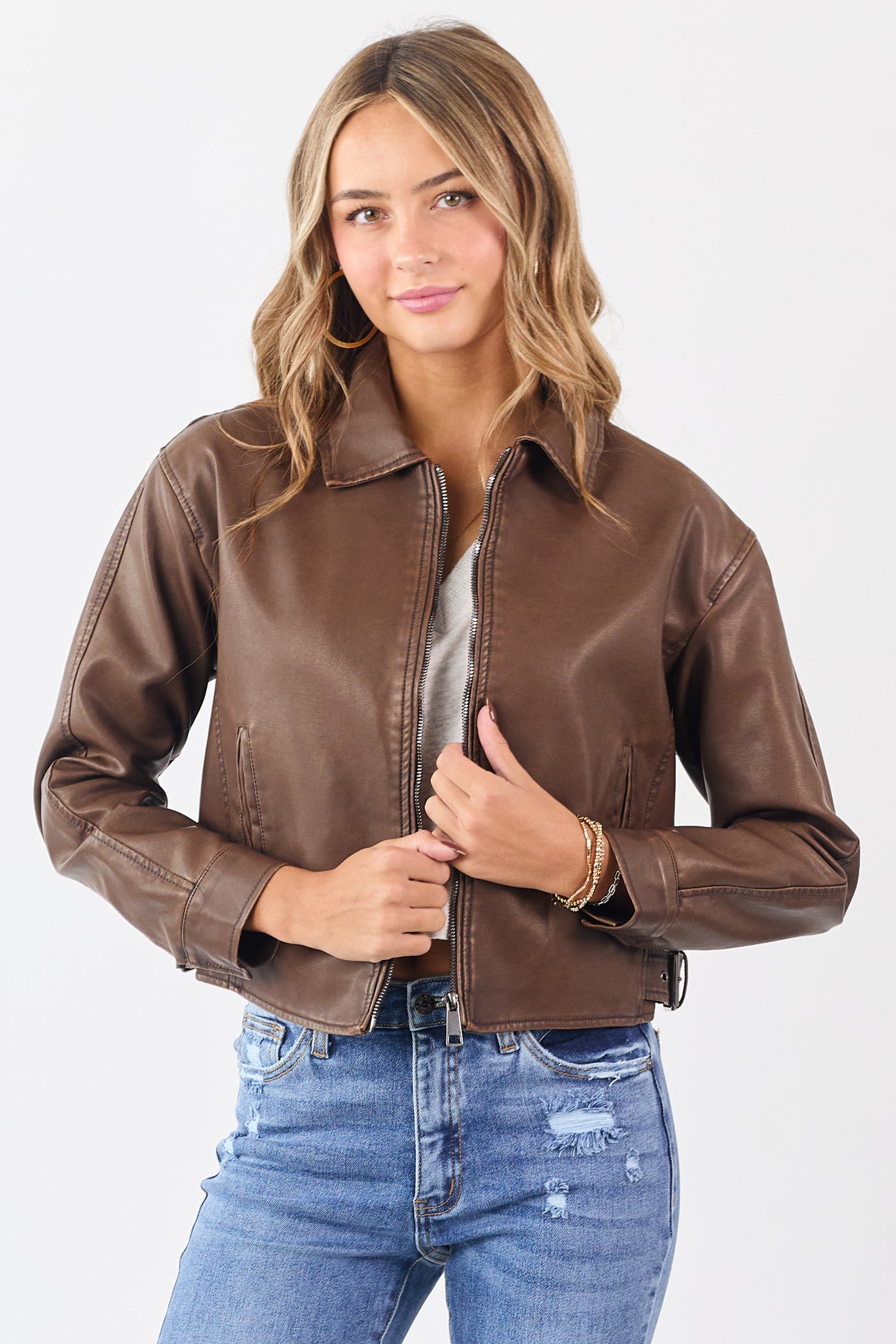 Walnut Faux Leather Collared Zip Up Jacket