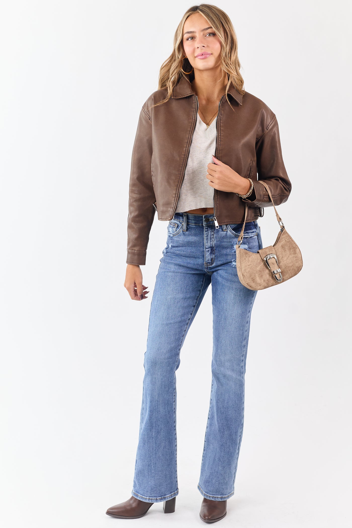 Walnut Faux Leather Collared Zip Up Jacket