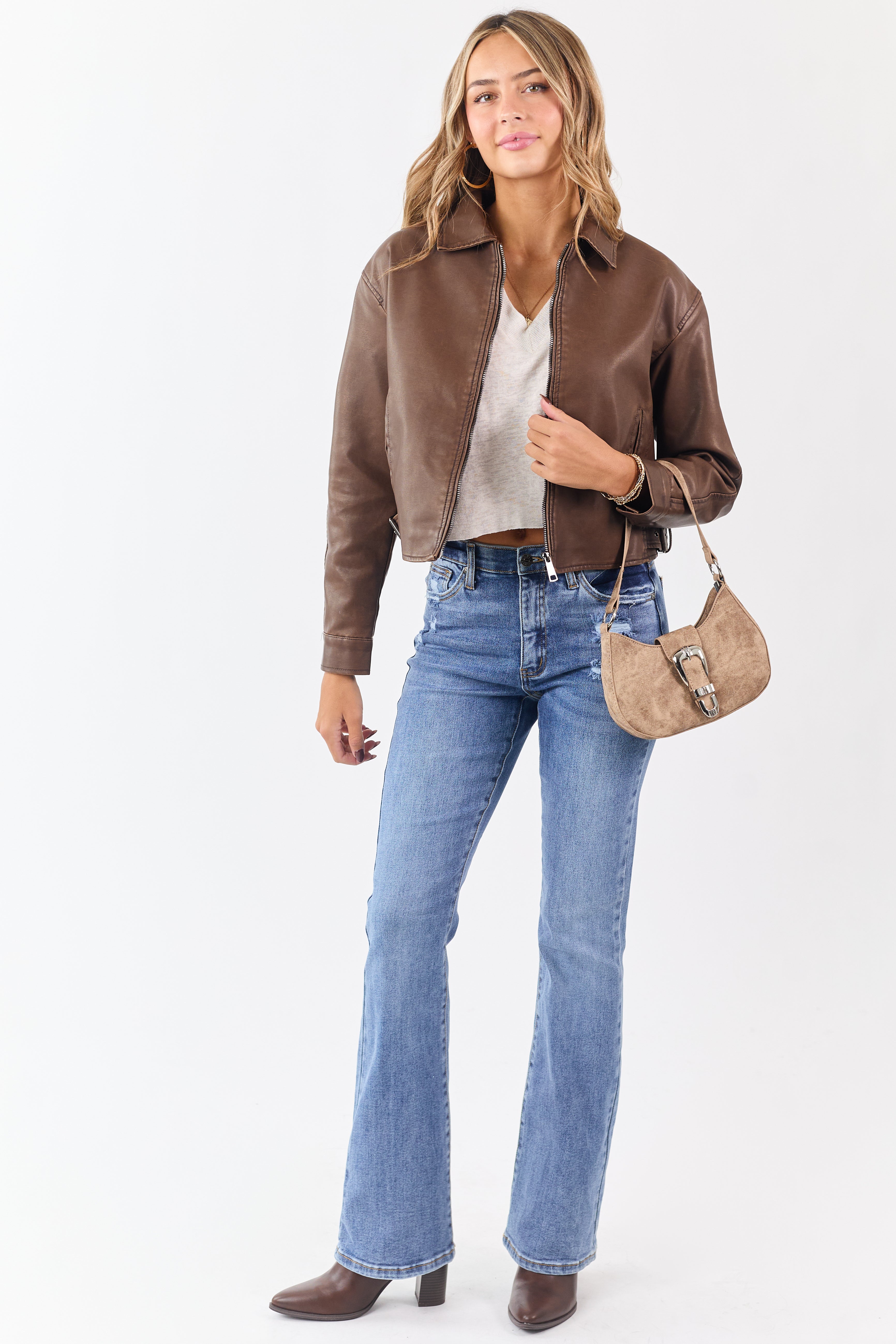 Walnut Faux Leather Collared Zip Up Jacket