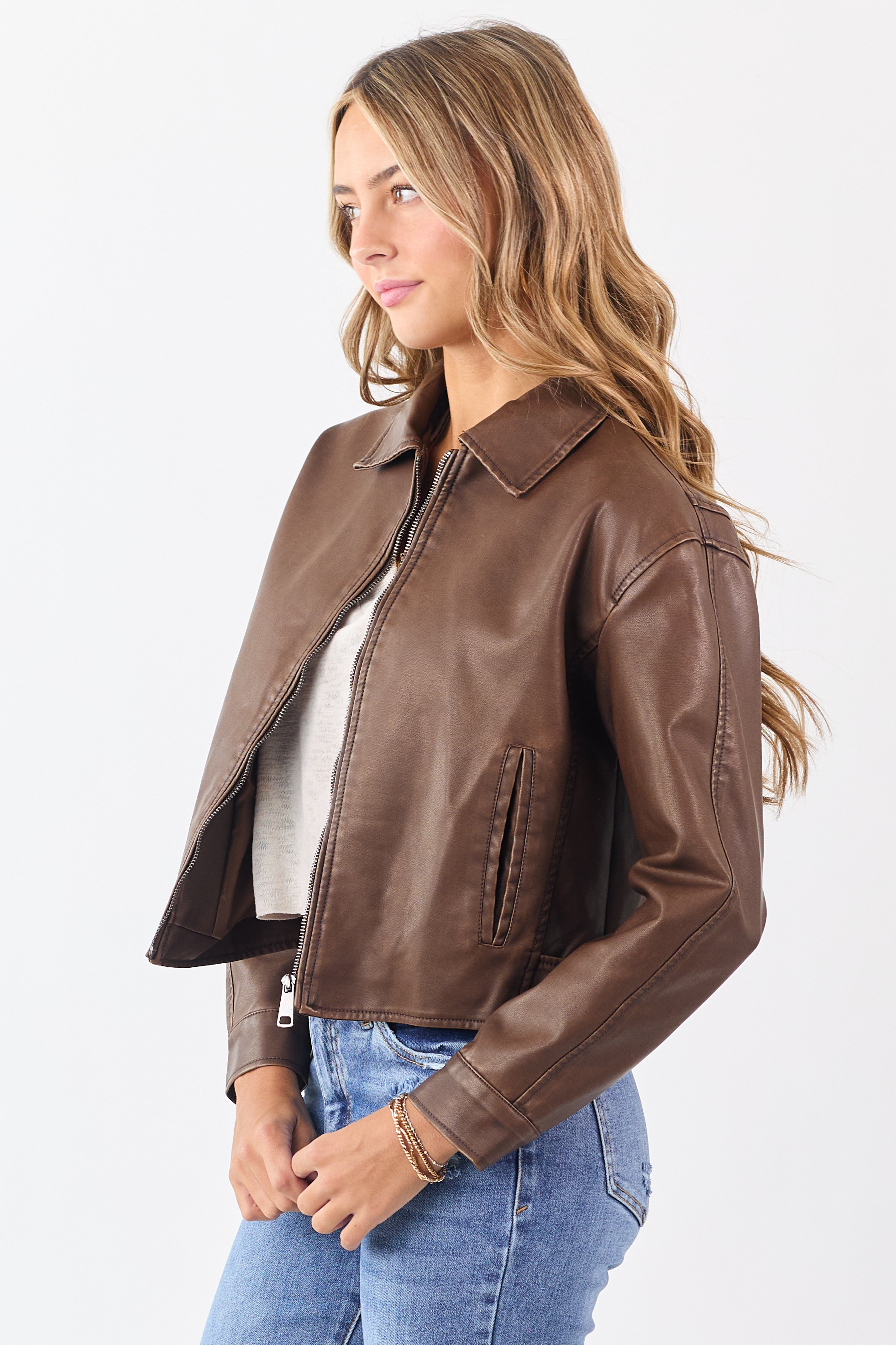 Walnut Faux Leather Collared Zip Up Jacket