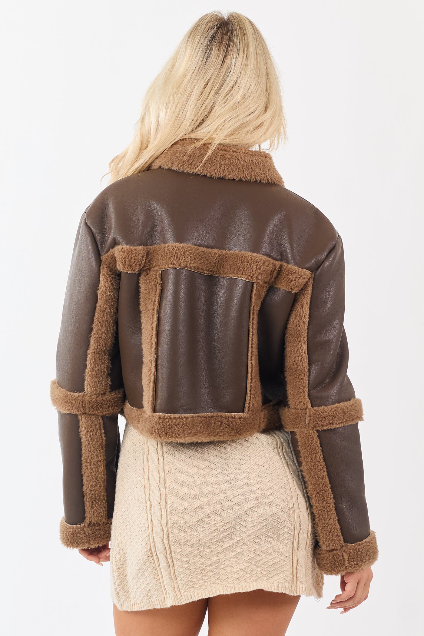 Walnut Faux Leather Contrast Sherpa Cropped Jacket