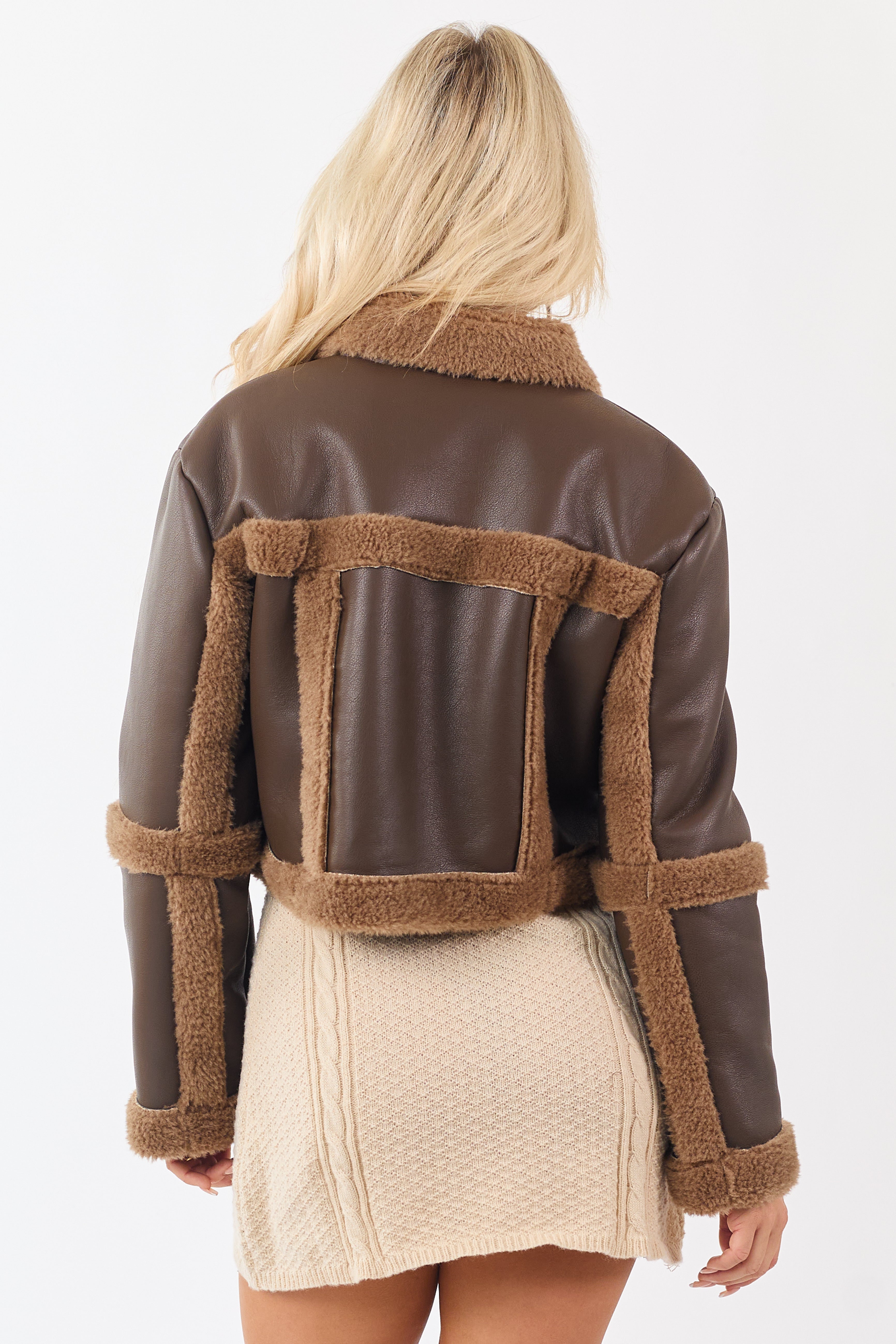 Walnut Faux Leather Contrast Sherpa Cropped Jacket