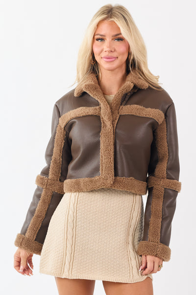 Walnut Faux Leather Contrast Sherpa Cropped Jacket
