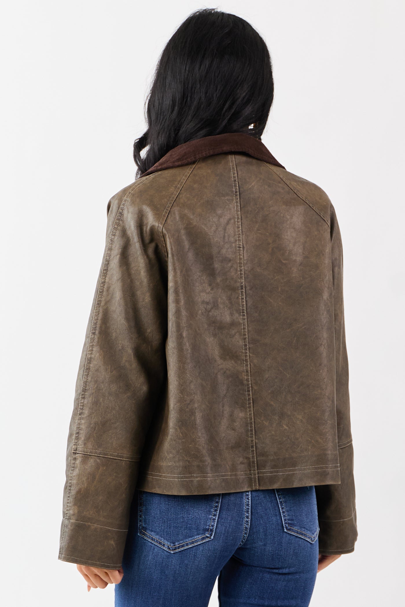 Walnut Faux Leather Corduroy Collar Zip Up Jacket