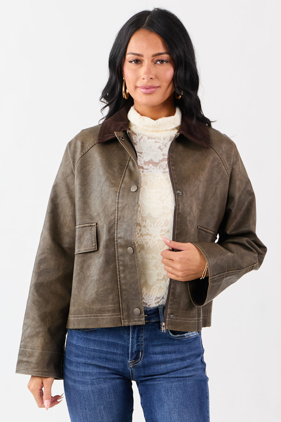 Walnut Faux Leather Corduroy Collar Zip Up Jacket