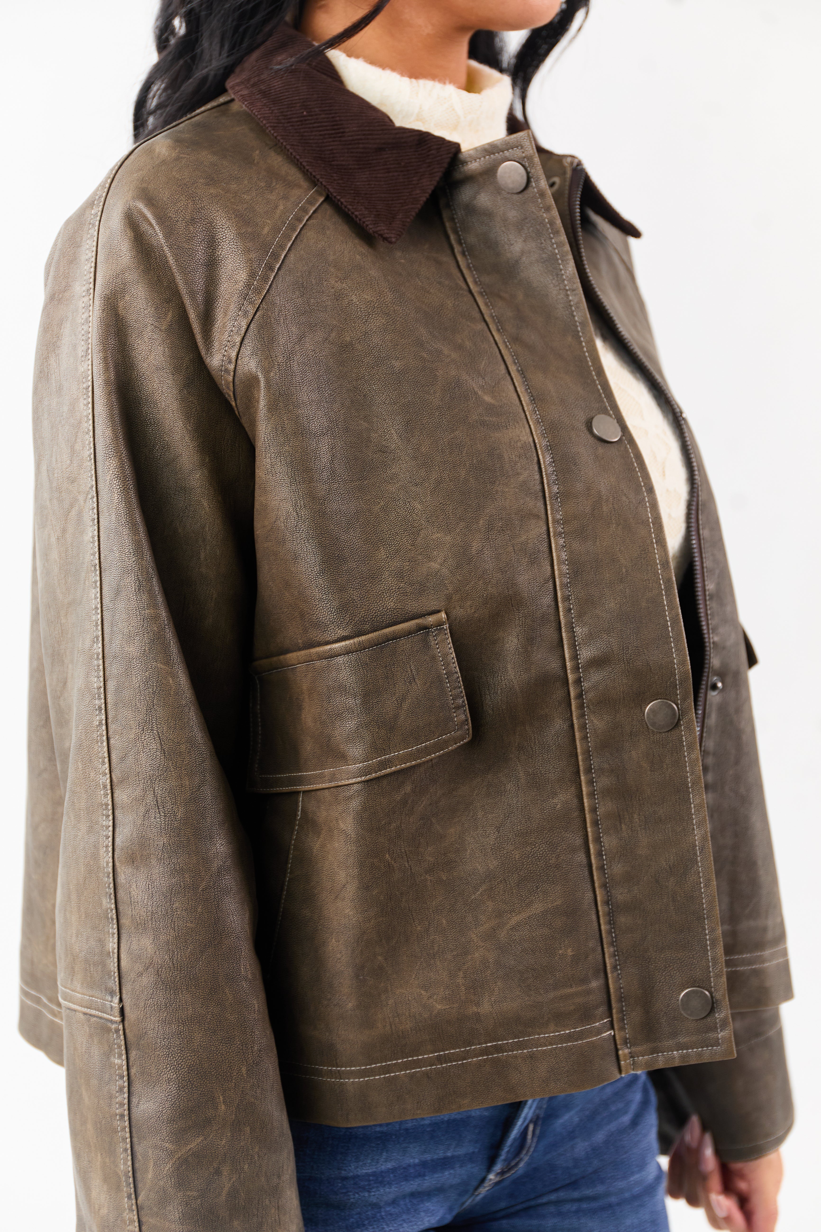 Walnut Faux Leather Corduroy Collar Zip Up Jacket