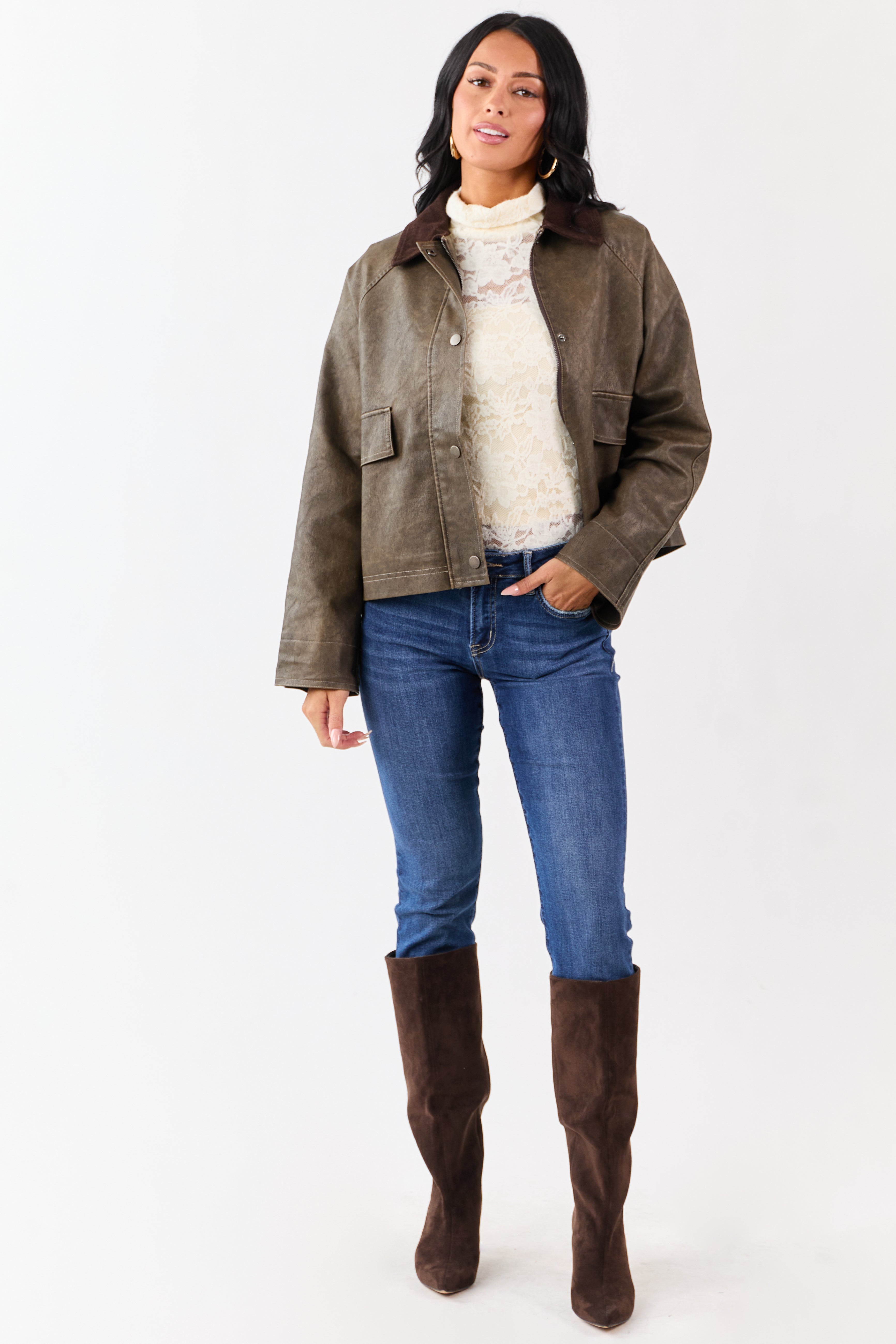 Walnut Faux Leather Corduroy Collar Zip Up Jacket