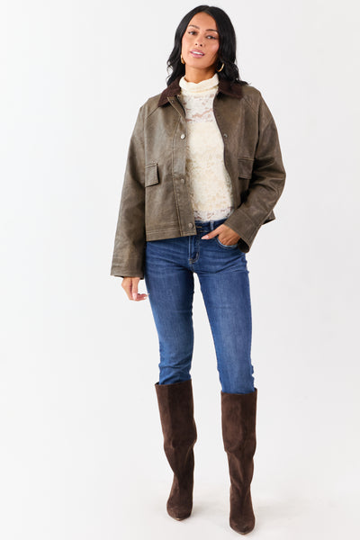 Walnut Faux Leather Corduroy Collar Zip Up Jacket