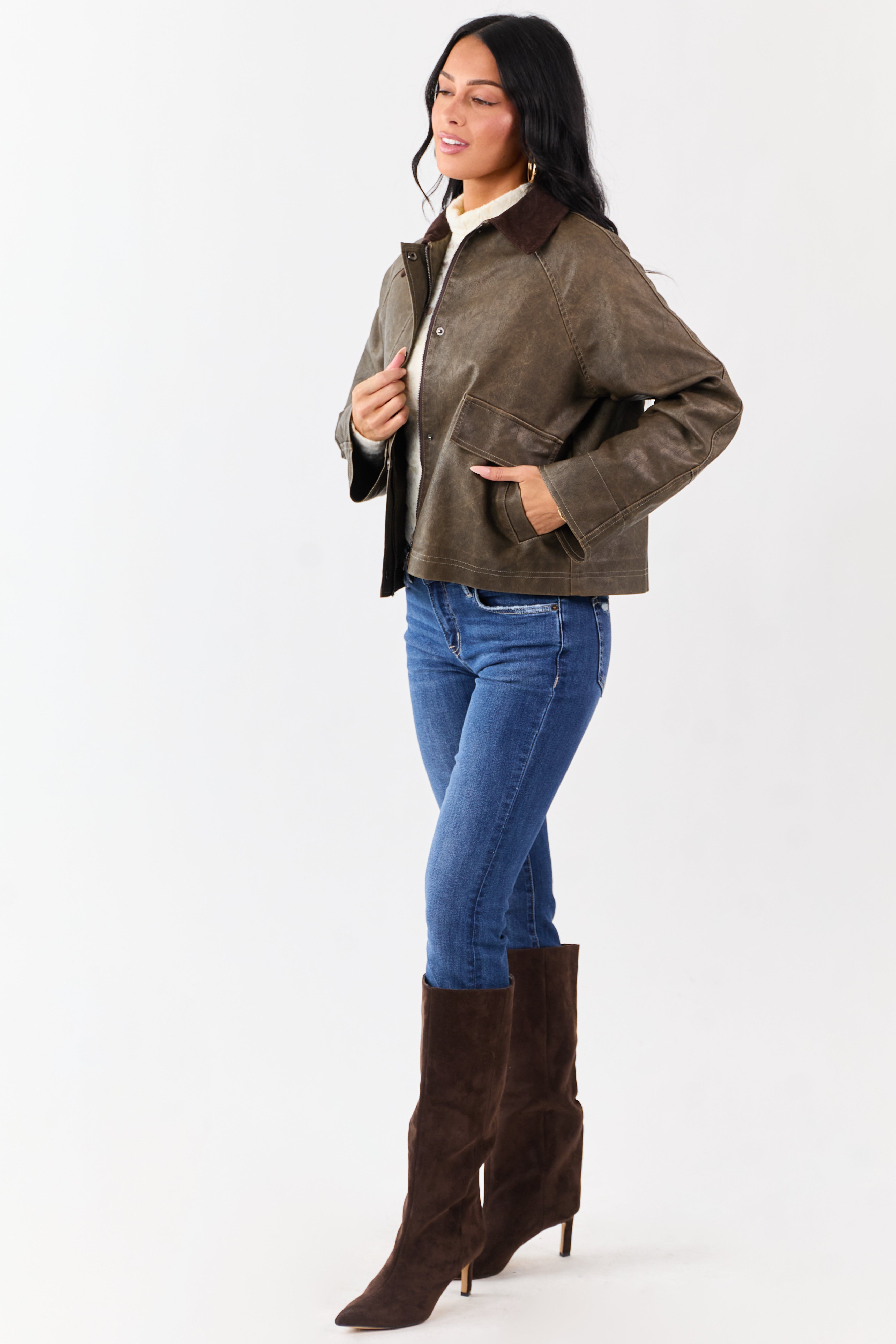 Walnut Faux Leather Corduroy Collar Zip Up Jacket