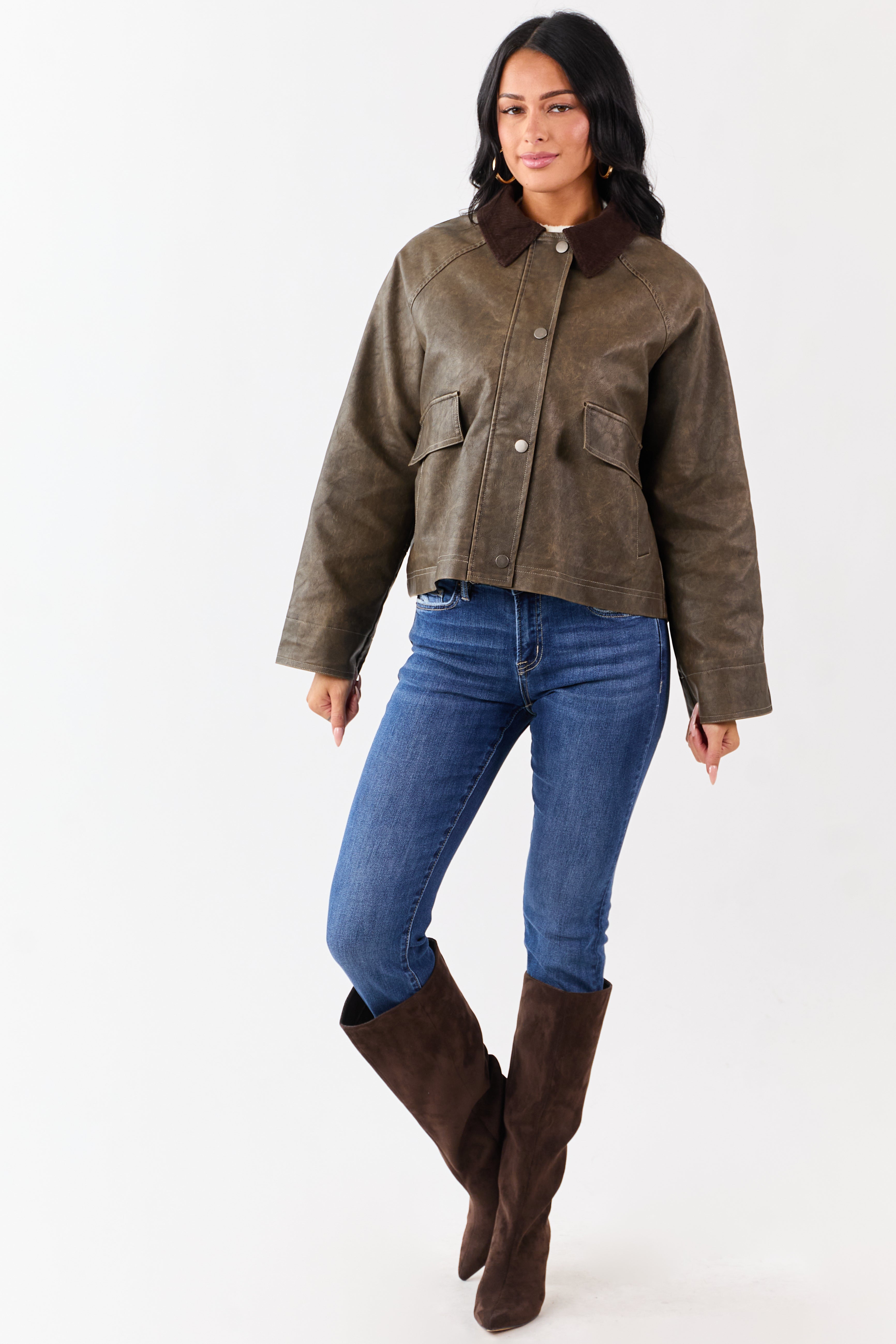 Walnut Faux Leather Corduroy Collar Zip Up Jacket