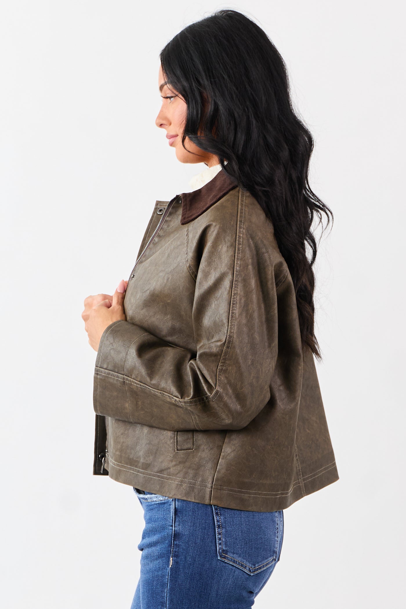 Walnut Faux Leather Corduroy Collar Zip Up Jacket