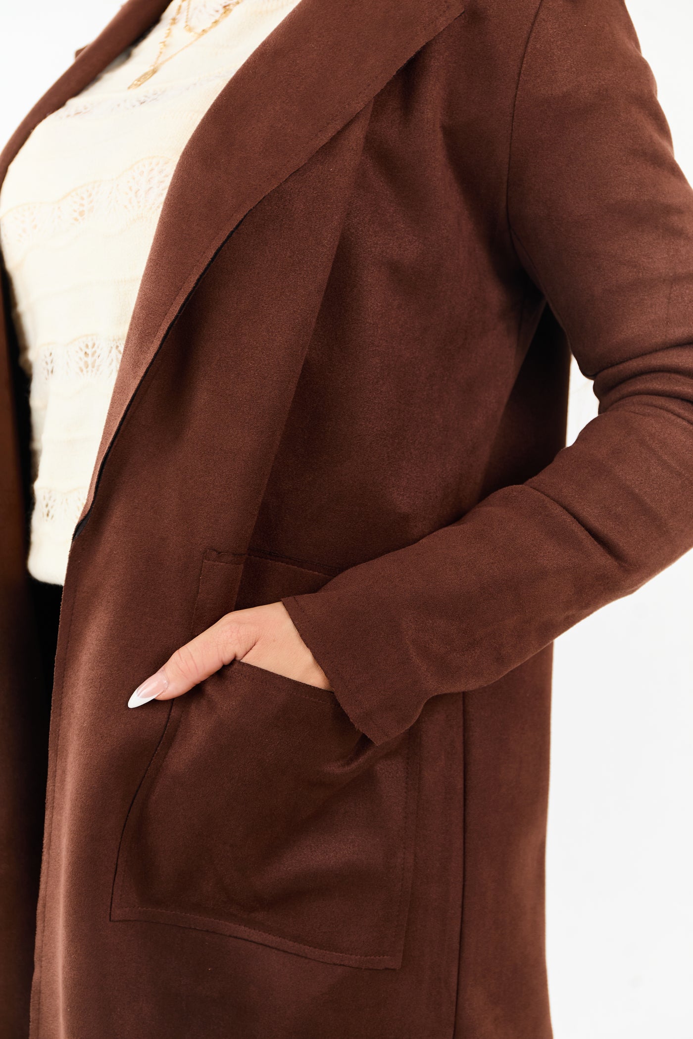 Walnut Faux Suede Open Front Jacket