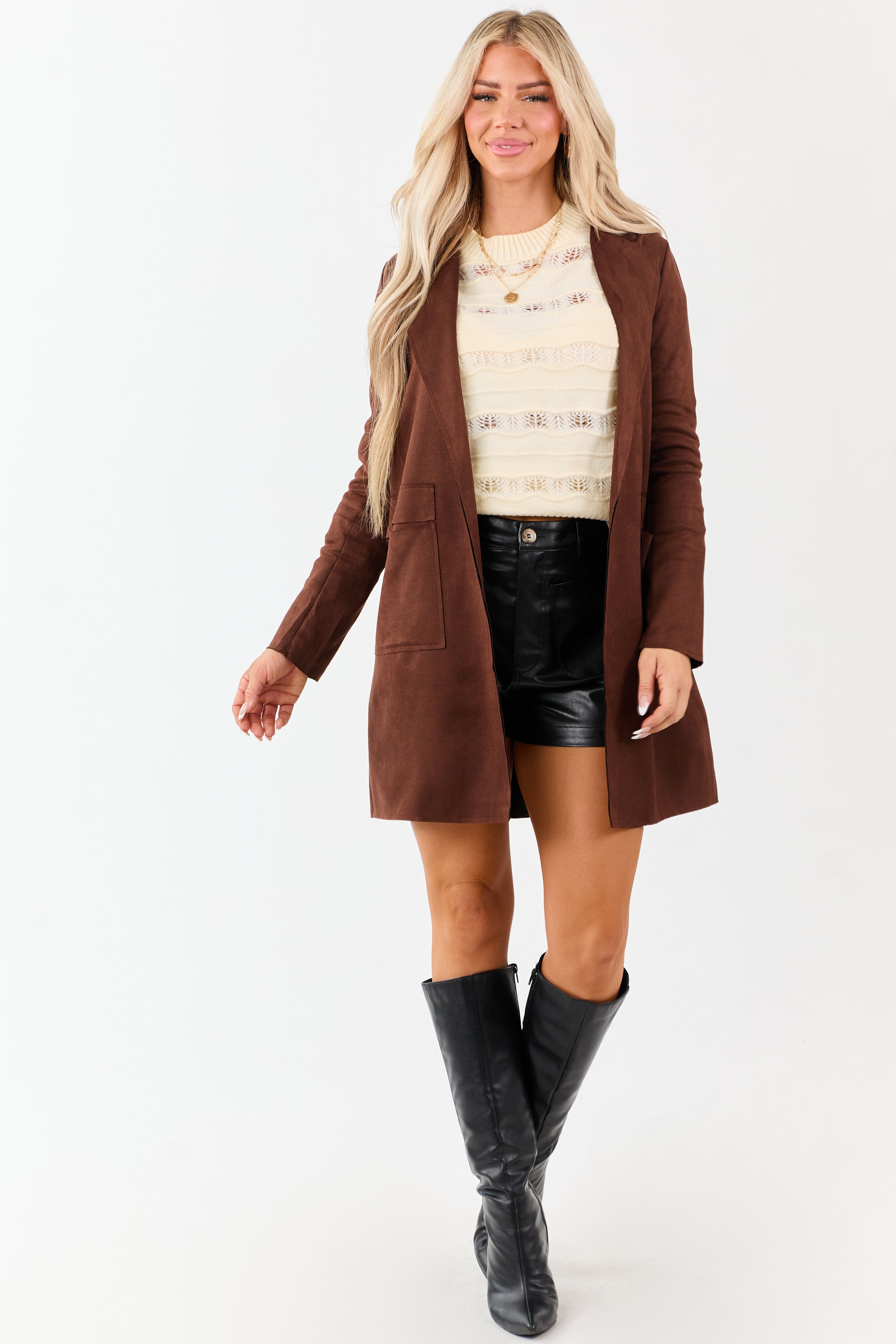 Walnut Faux Suede Open Front Jacket