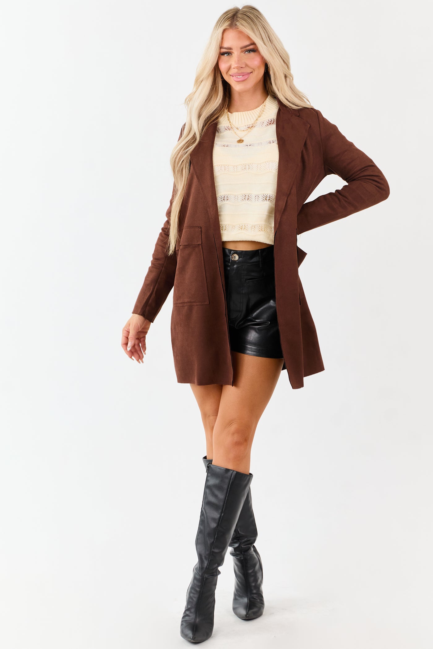 Walnut Faux Suede Open Front Jacket