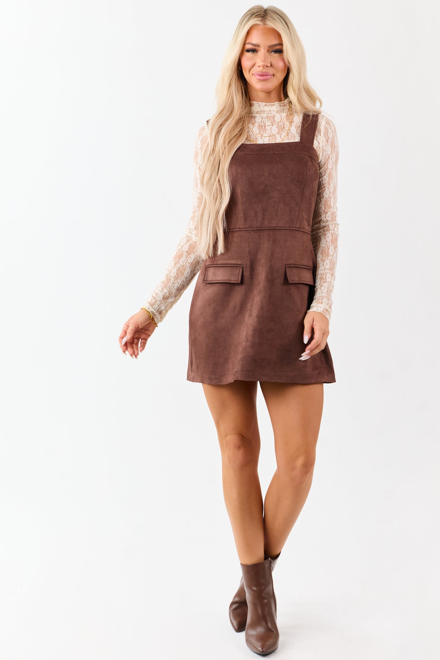 Walnut Faux Suede Patch Pocket Sleeveless Mini Dress - S Walnut Faux Suede Patch Pocket Sleeveless Mini Dress - S
