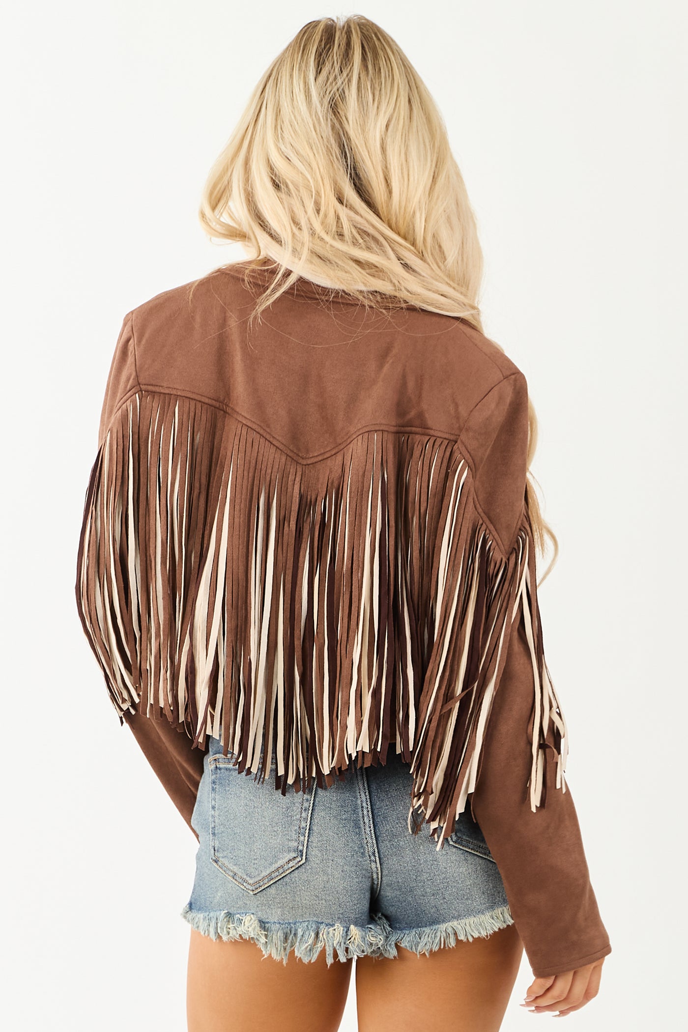 Walnut Fringe Faux Suede Open Front Jacket