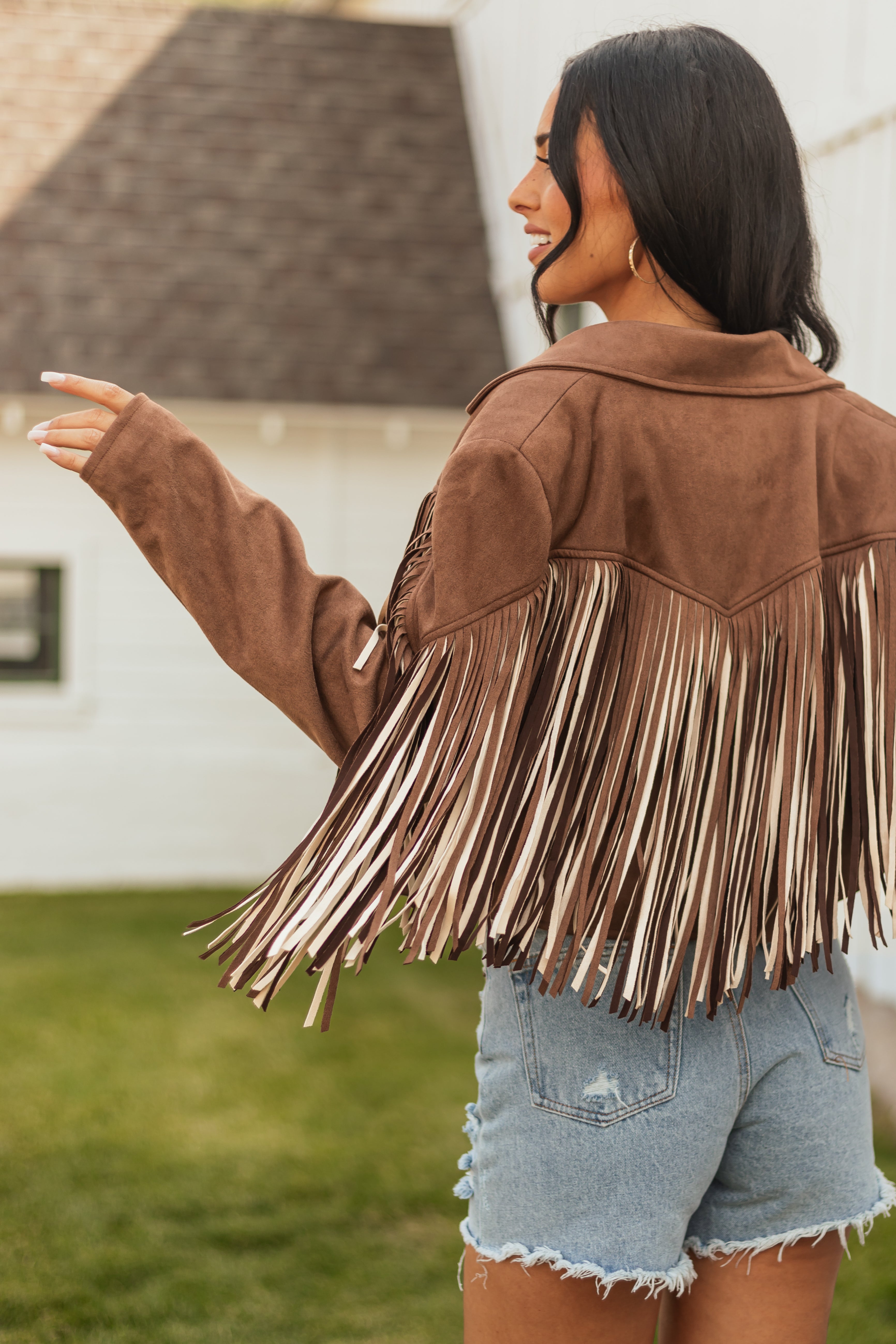 Walnut Fringe Faux Suede Open Front Jacket | Lime Lush Boutique