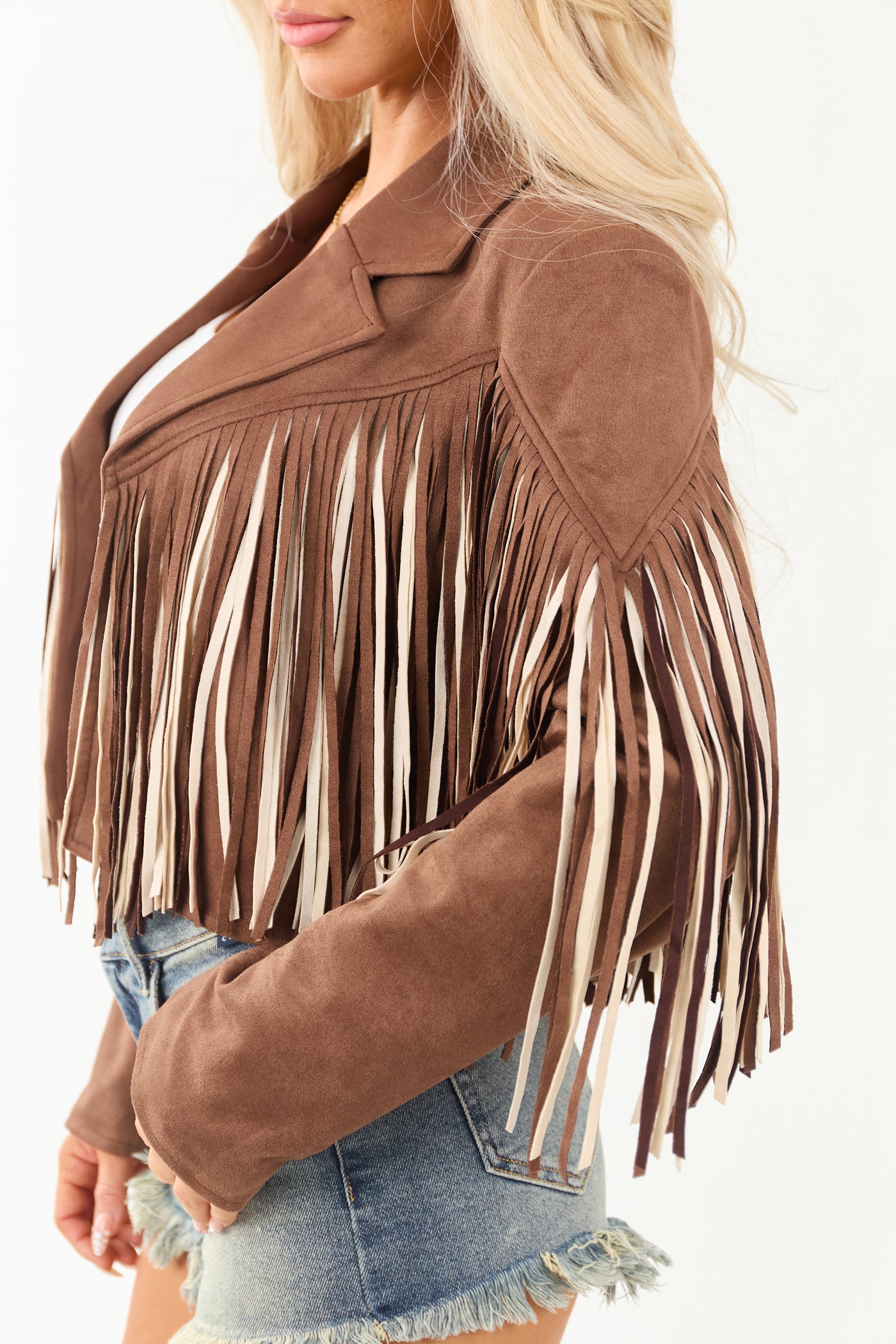 Walnut Fringe Faux Suede Open Front Jacket