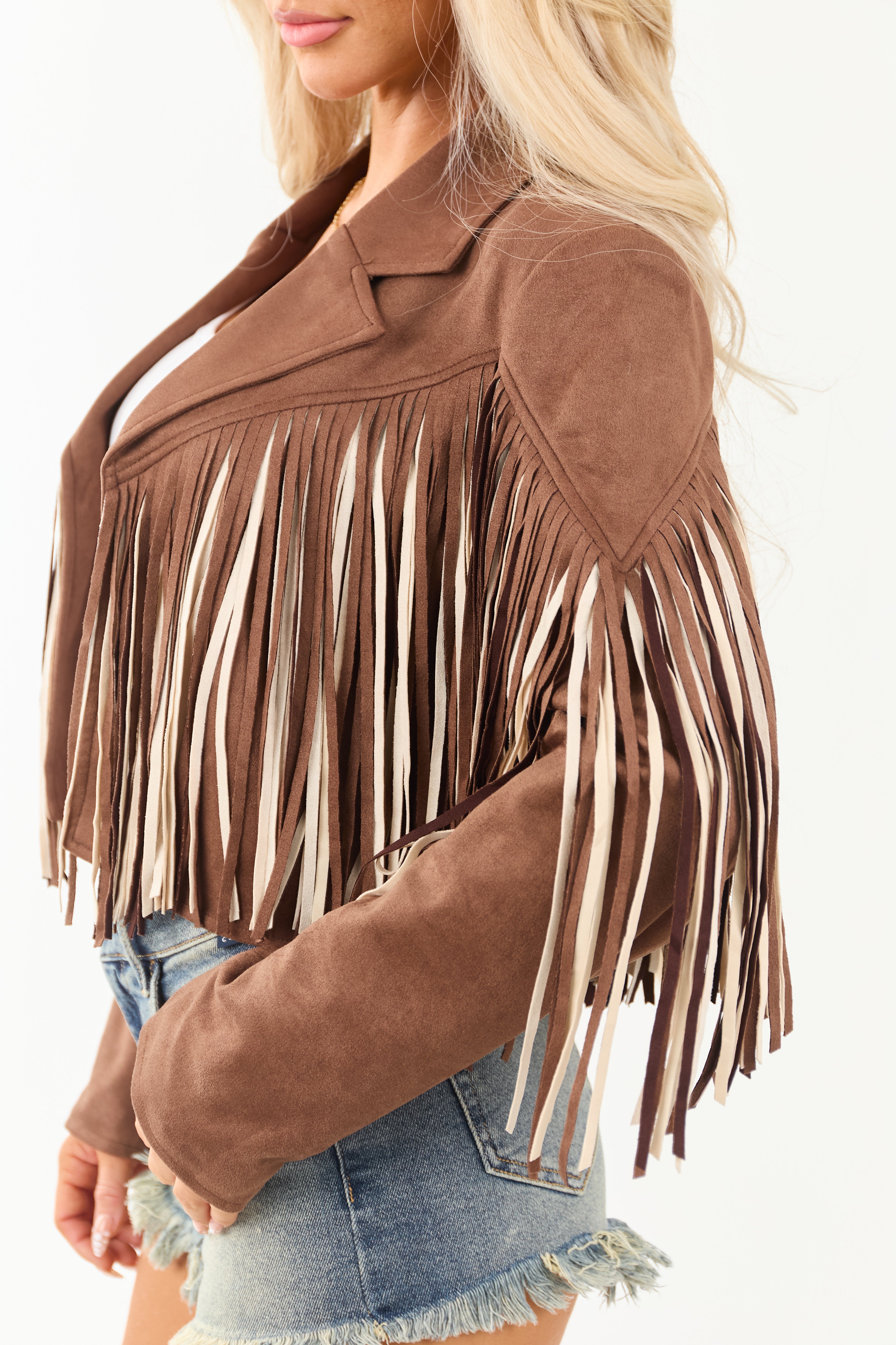 Walnut Fringe Faux Suede Open Front Jacket