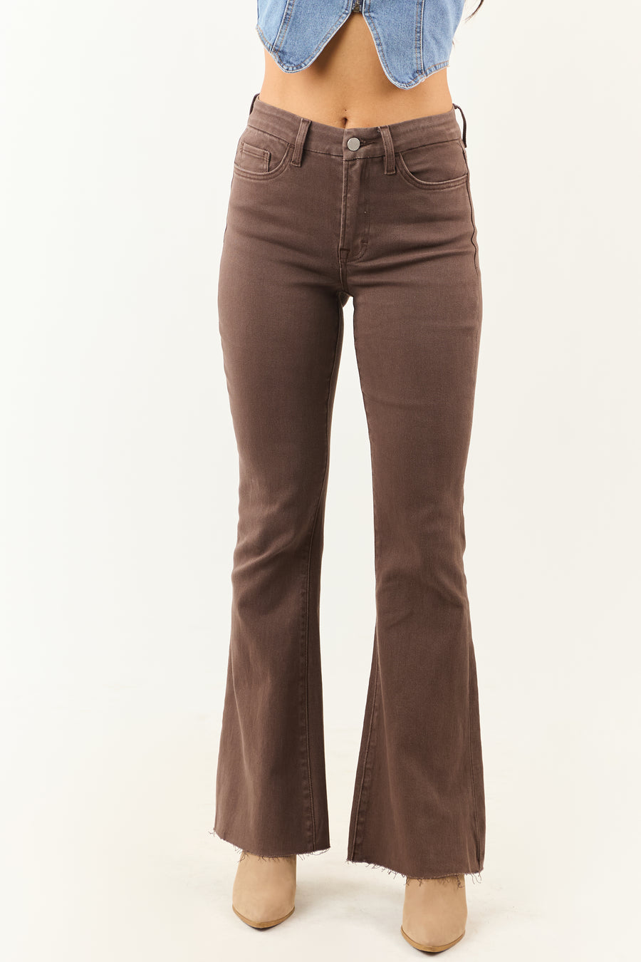 Walnut High Rise Raw Hem Stretchy Flare Jeans