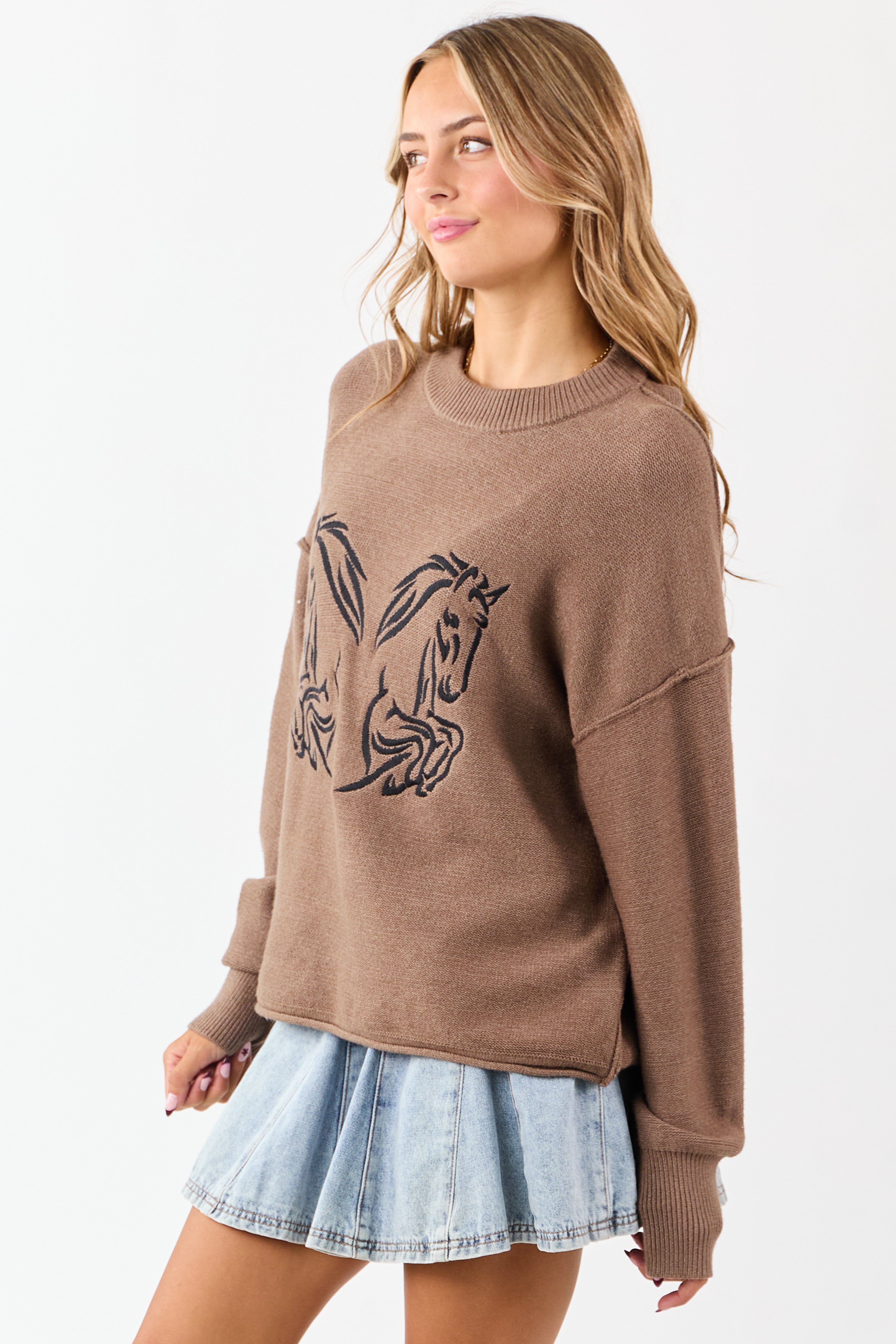 Walnut Horse Embroidered Graphic Knit Sweater