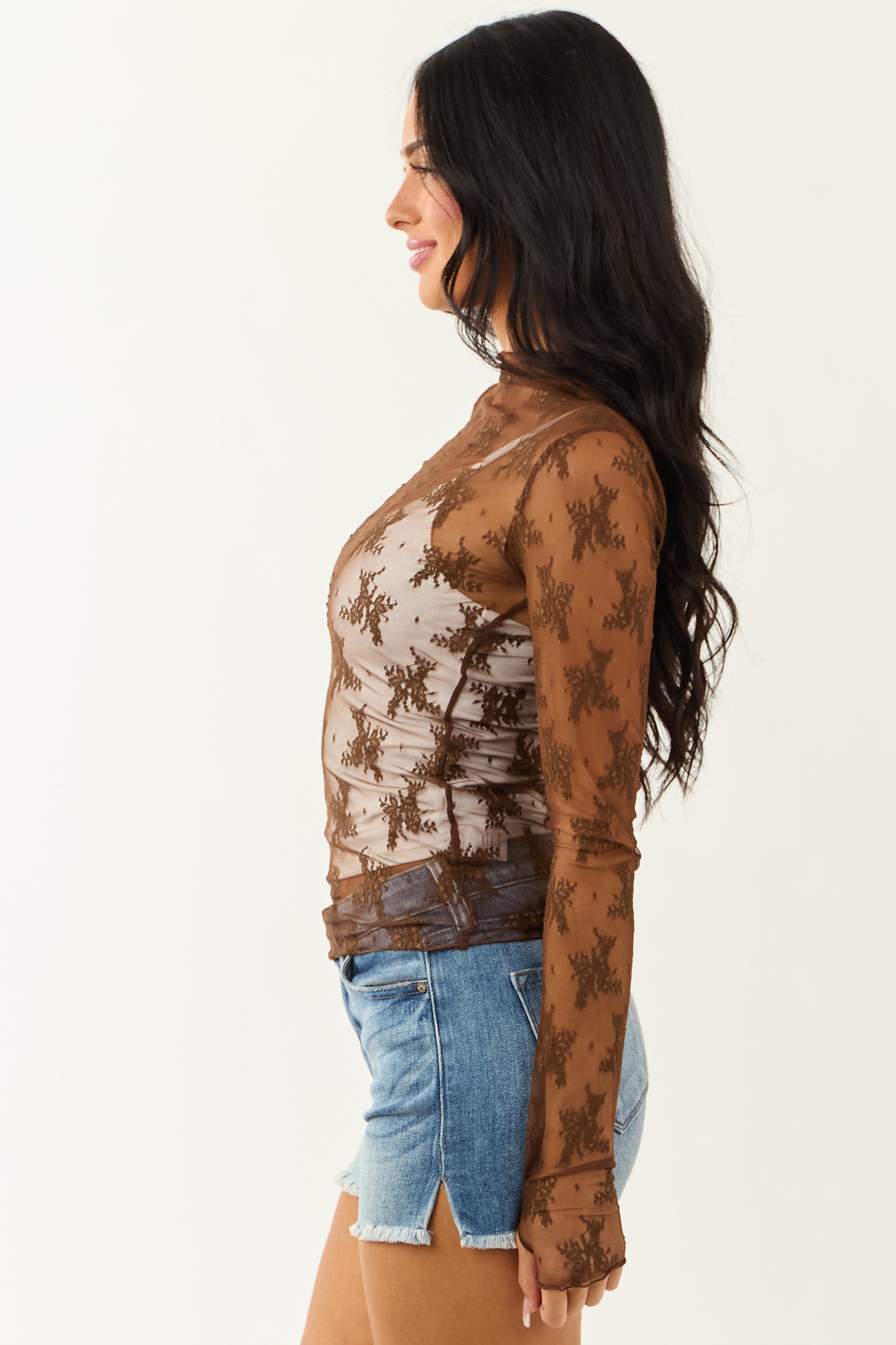 Walnut Mesh Lace Mock Neck Long Sleeve Top