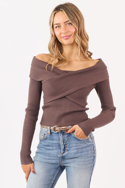 Walnut Off Shoulder Wrap Style Rib Knit Sweater Top | Lime Lush