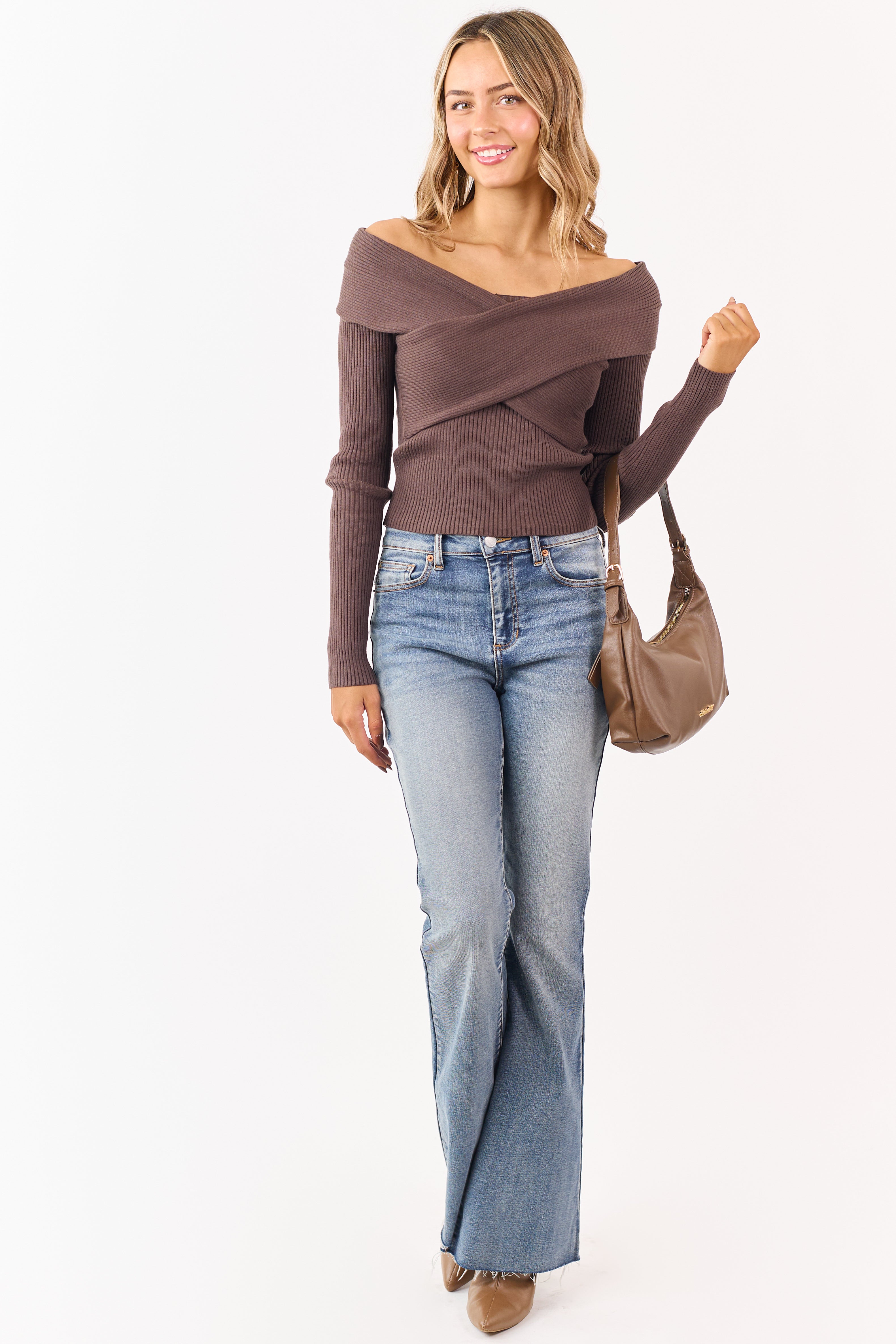 Walnut Off Shoulder Wrap Style Rib Knit Sweater Top