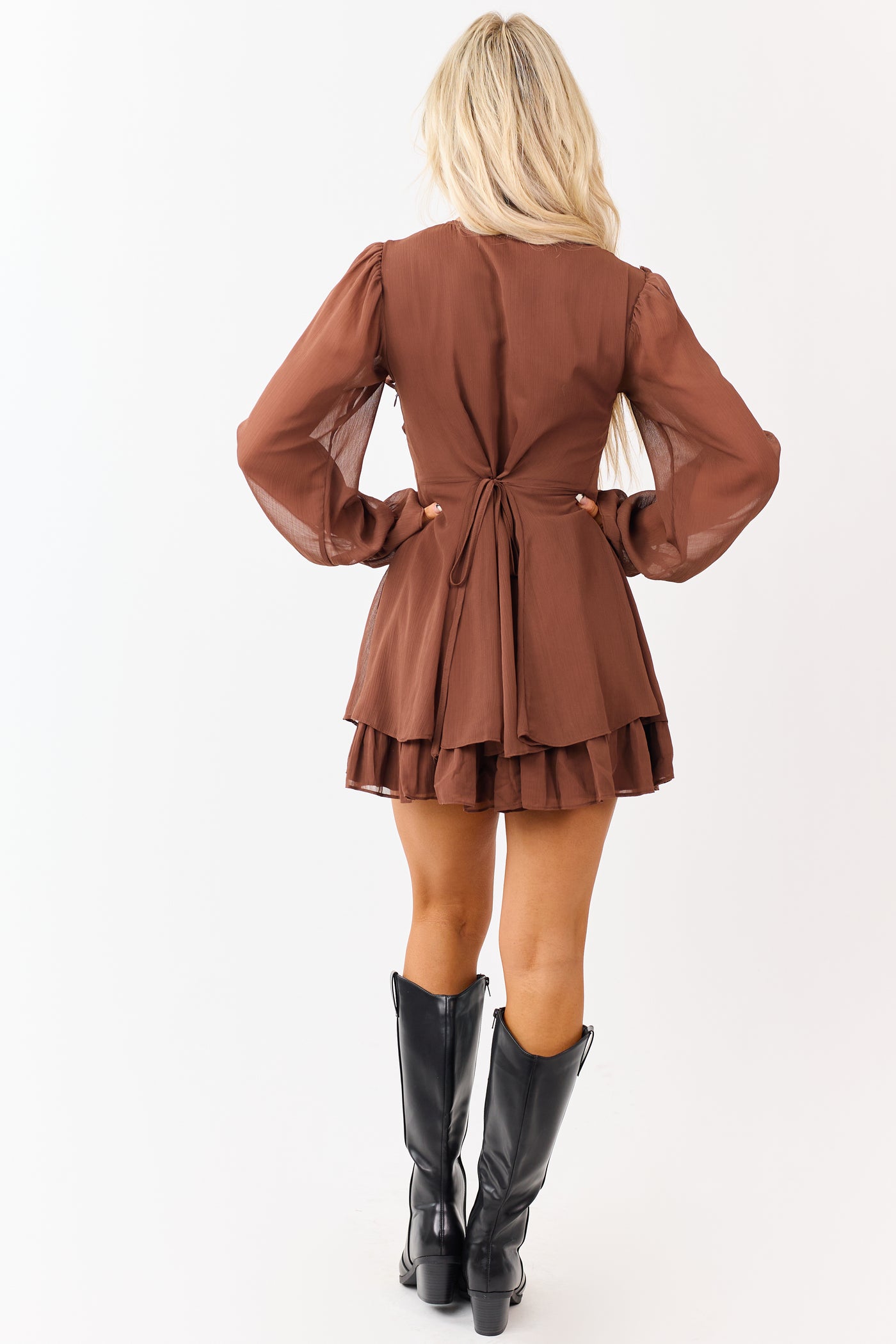Walnut Ruffled Front Tie Long Sleeve Mini Dress