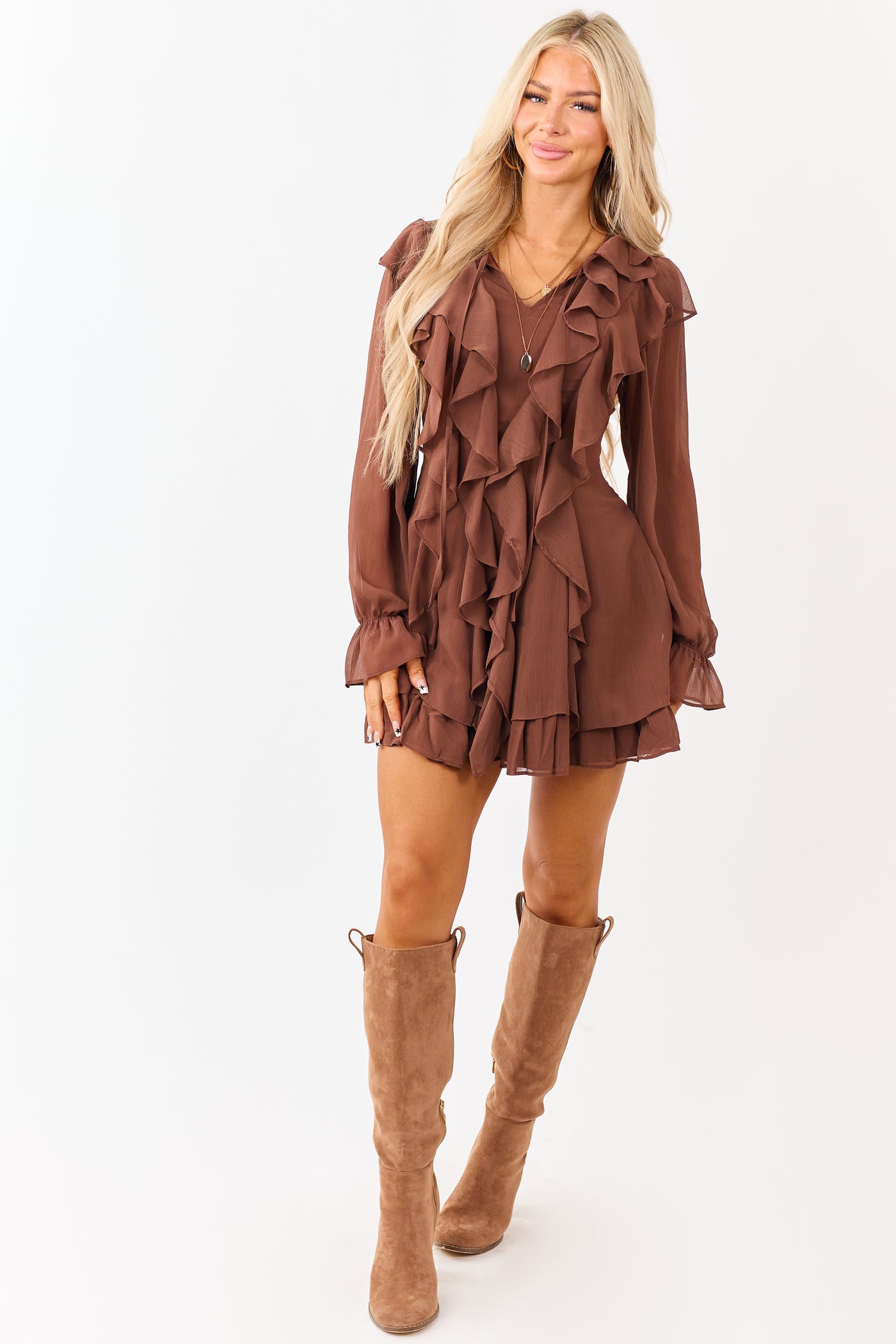 Walnut Ruffled Front Tie Long Sleeve Mini Dress