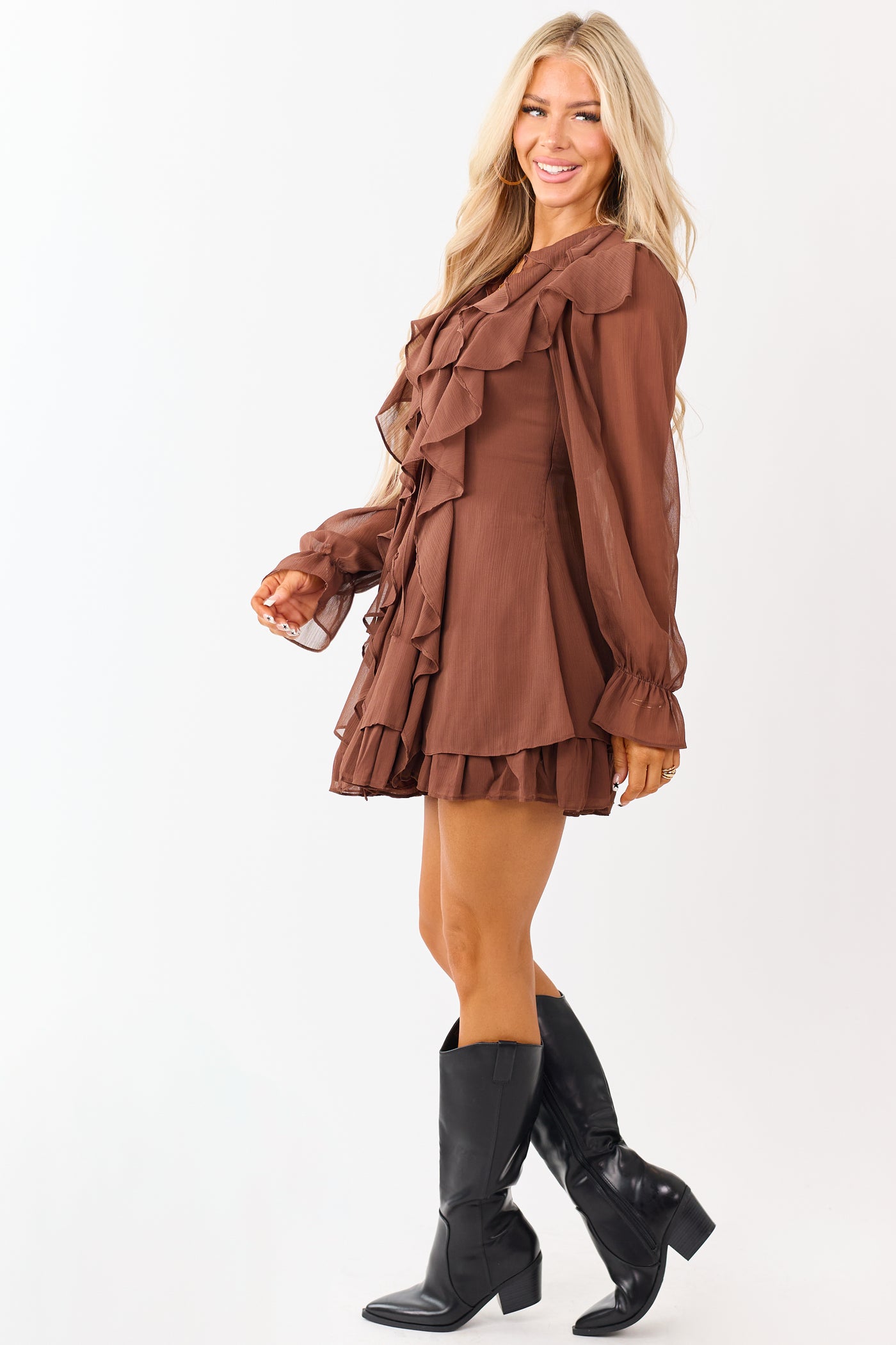 Walnut Ruffled Front Tie Long Sleeve Mini Dress