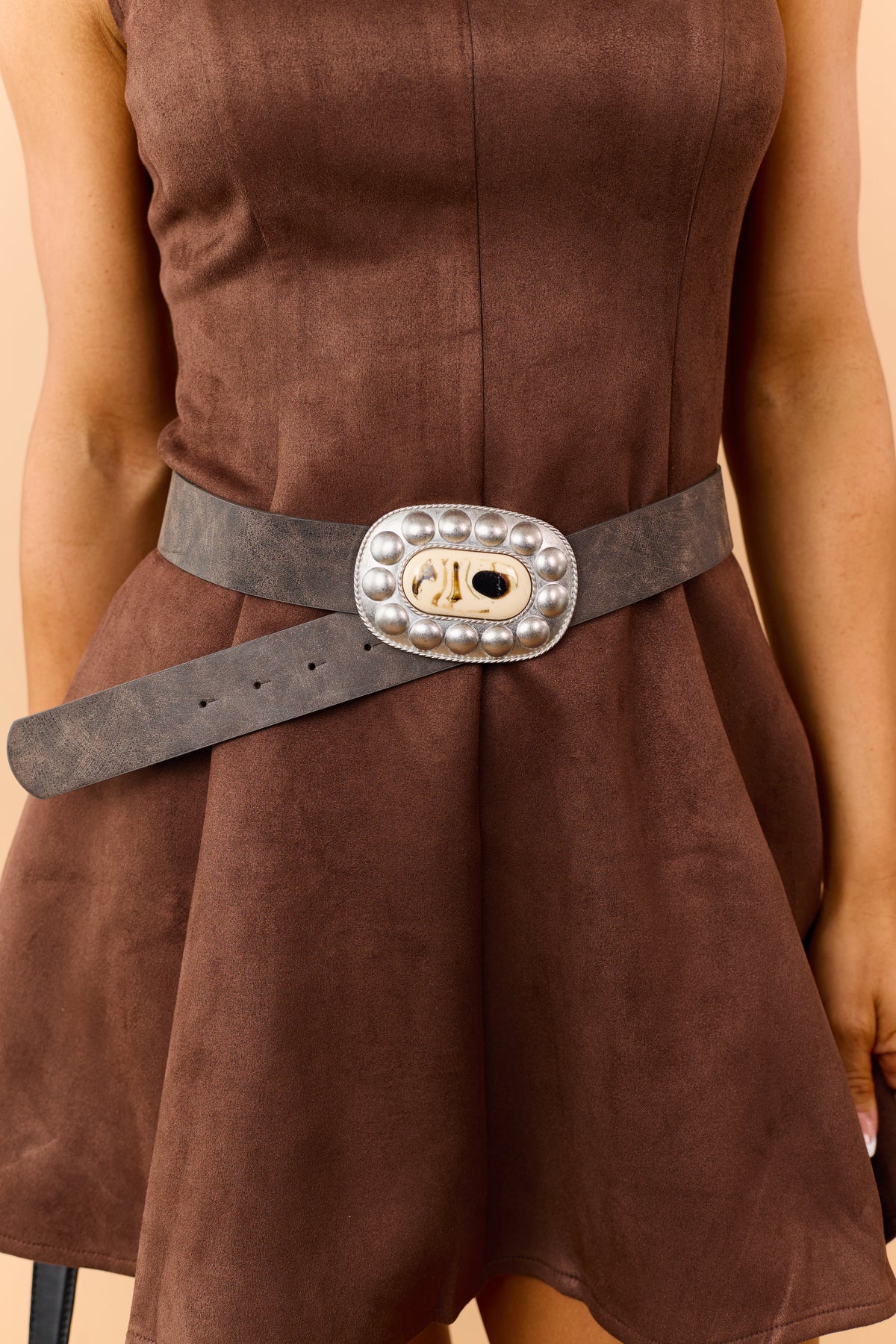 Walnut Brown Faux Leather Ornate Silver Buckle Belt