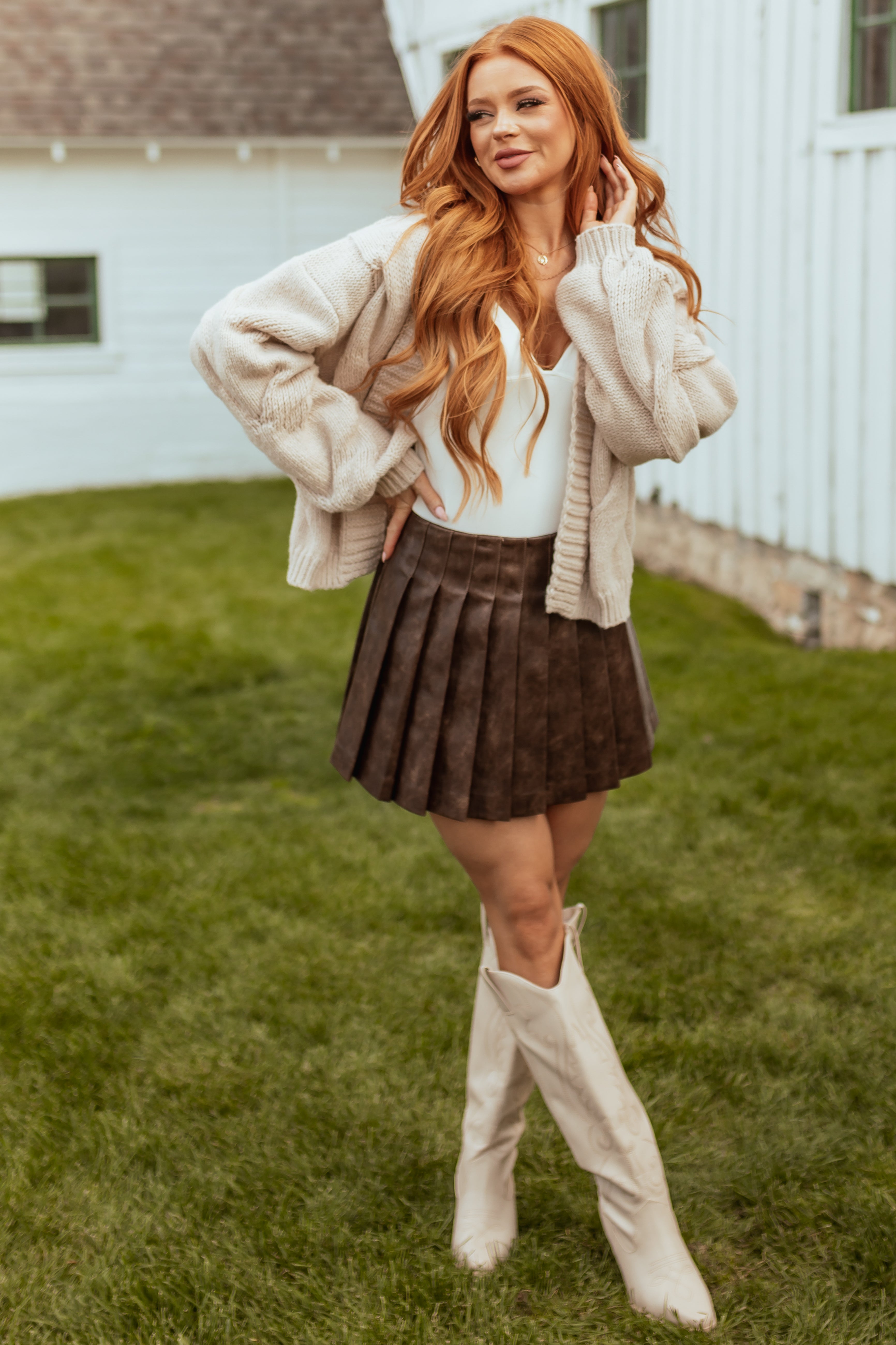 Walnut Faux Leather Pleated Mini Skirt